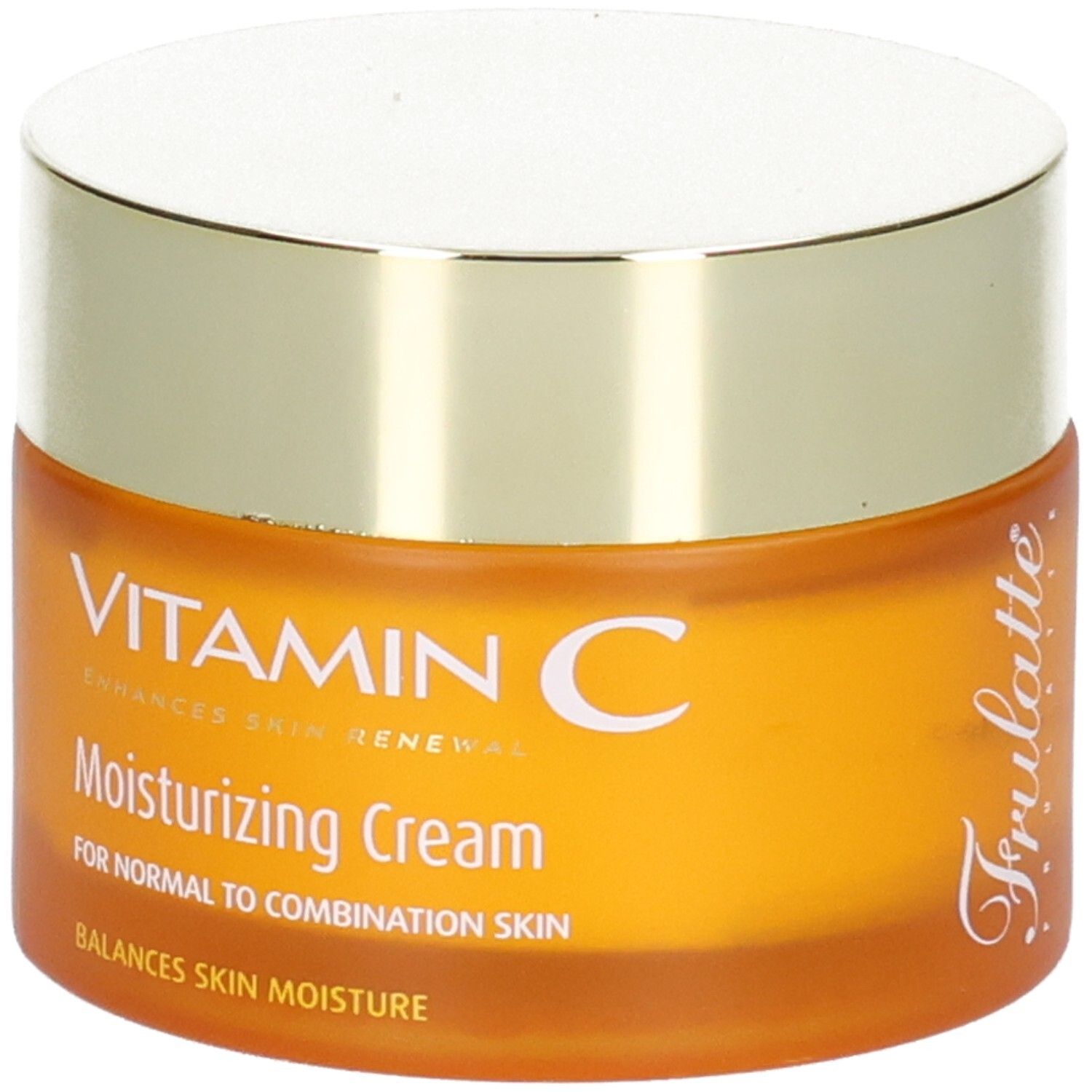 Pot orange avec couvercle doré, inscription "VITAMIN C Moisturizing Cream" et "Frulatte".