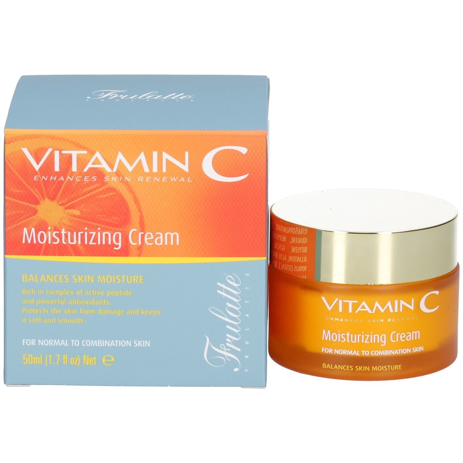 Pot orange et boîte en carton, inscription "VITAMIN C Moisturizing Cream" et "Frulatte".