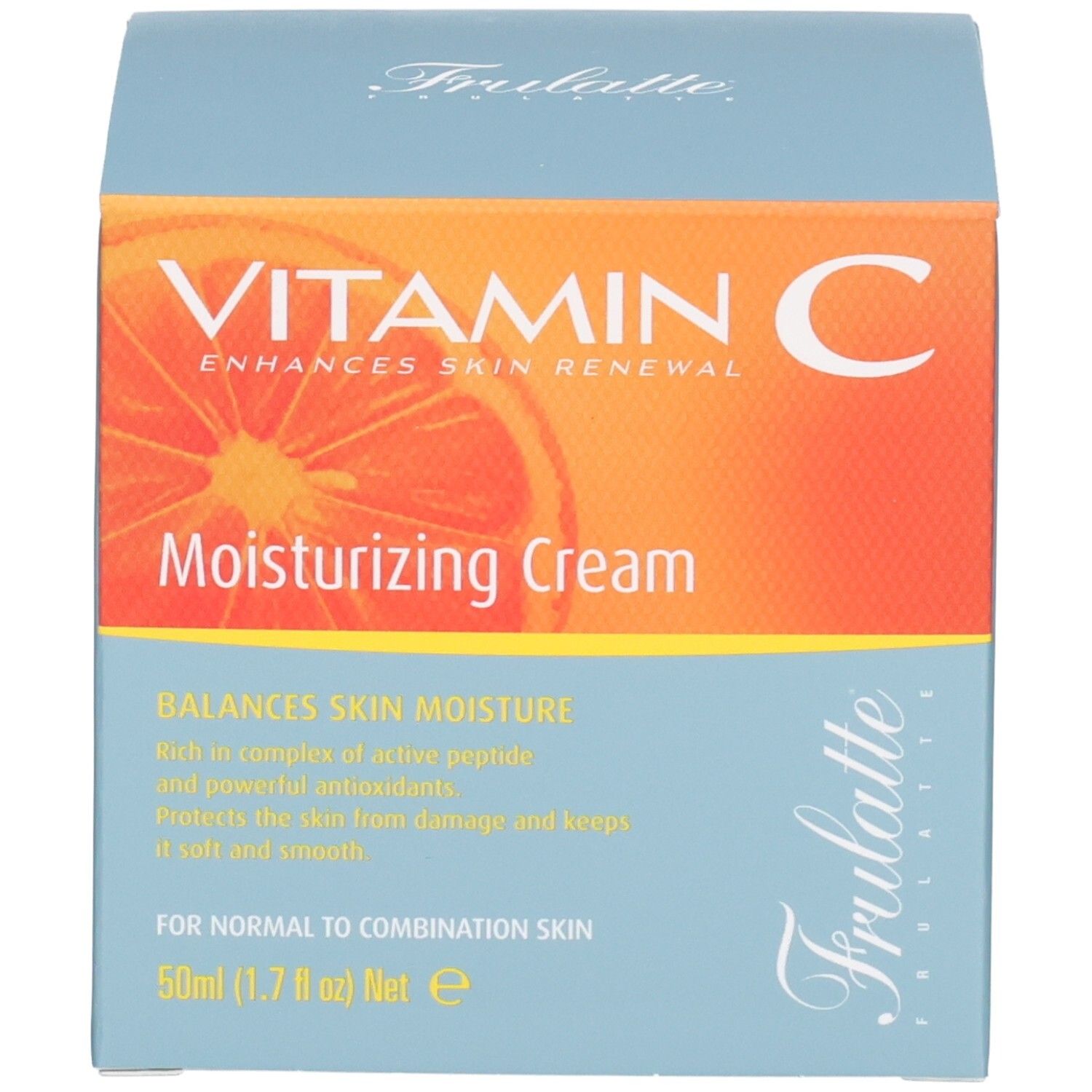 Boîte en carton avec inscription "VITAMIN C Moisturizing Cream" et "Frulatte".