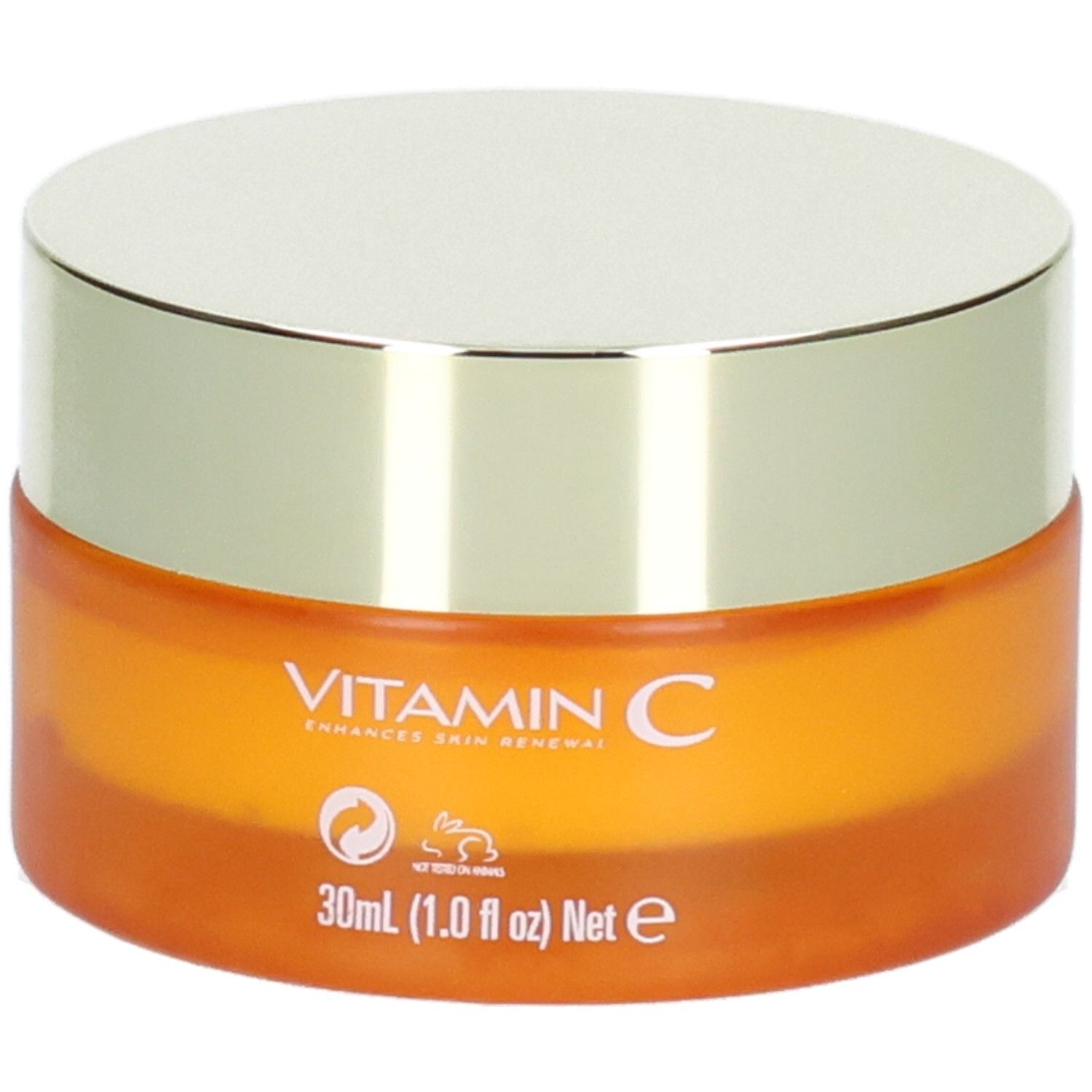 Oranje pot met zilverkleurig deksel, met opdruk "VITAMIN C ENHANCES SKIN RENEWAL" en "30ml".