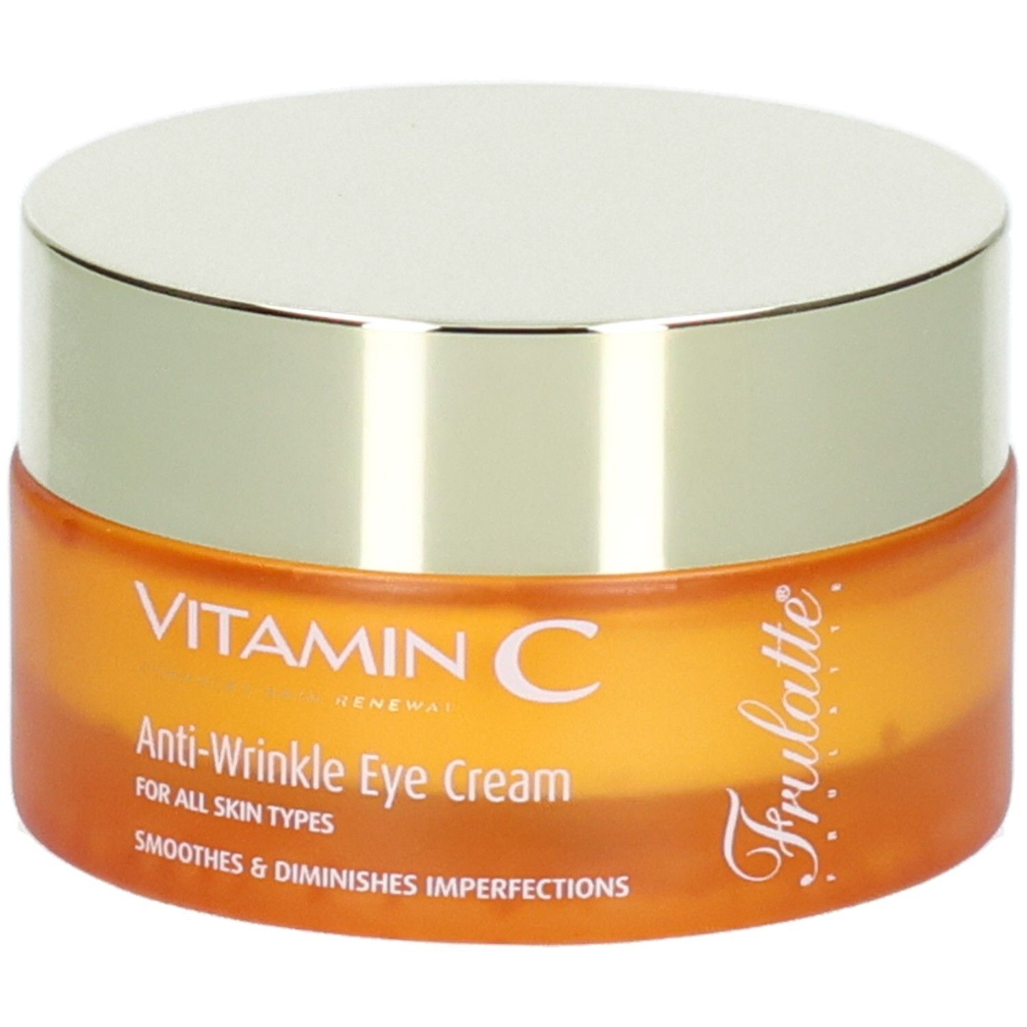 Oranje pot met zilverkleurig deksel, met opdruk "VITAMIN C Anti-Wrinkle Eye Cream" en "Frulatte".