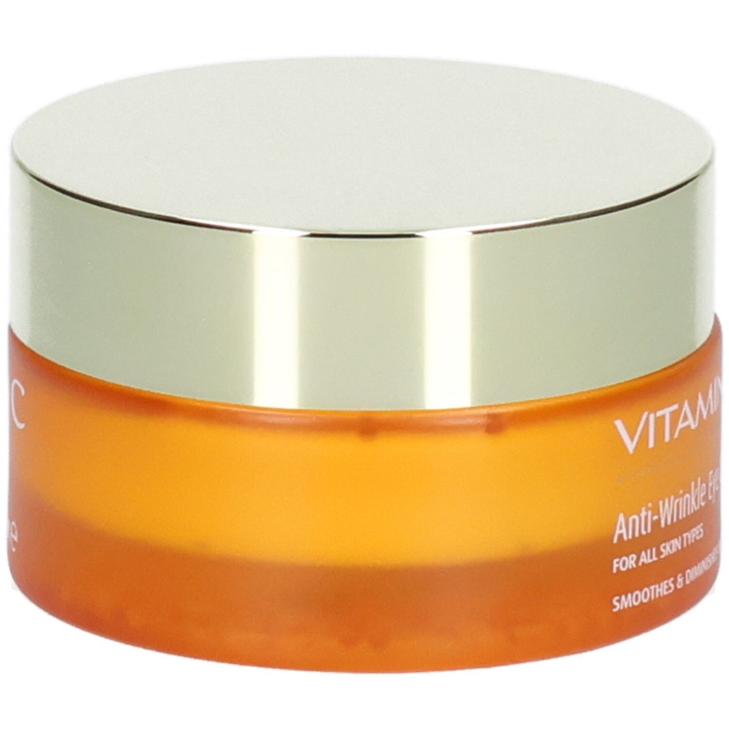 Oranje pot met zilverkleurig deksel, met opdruk "VITAMIN C" en "Anti-Wrinkle Eye Cream".