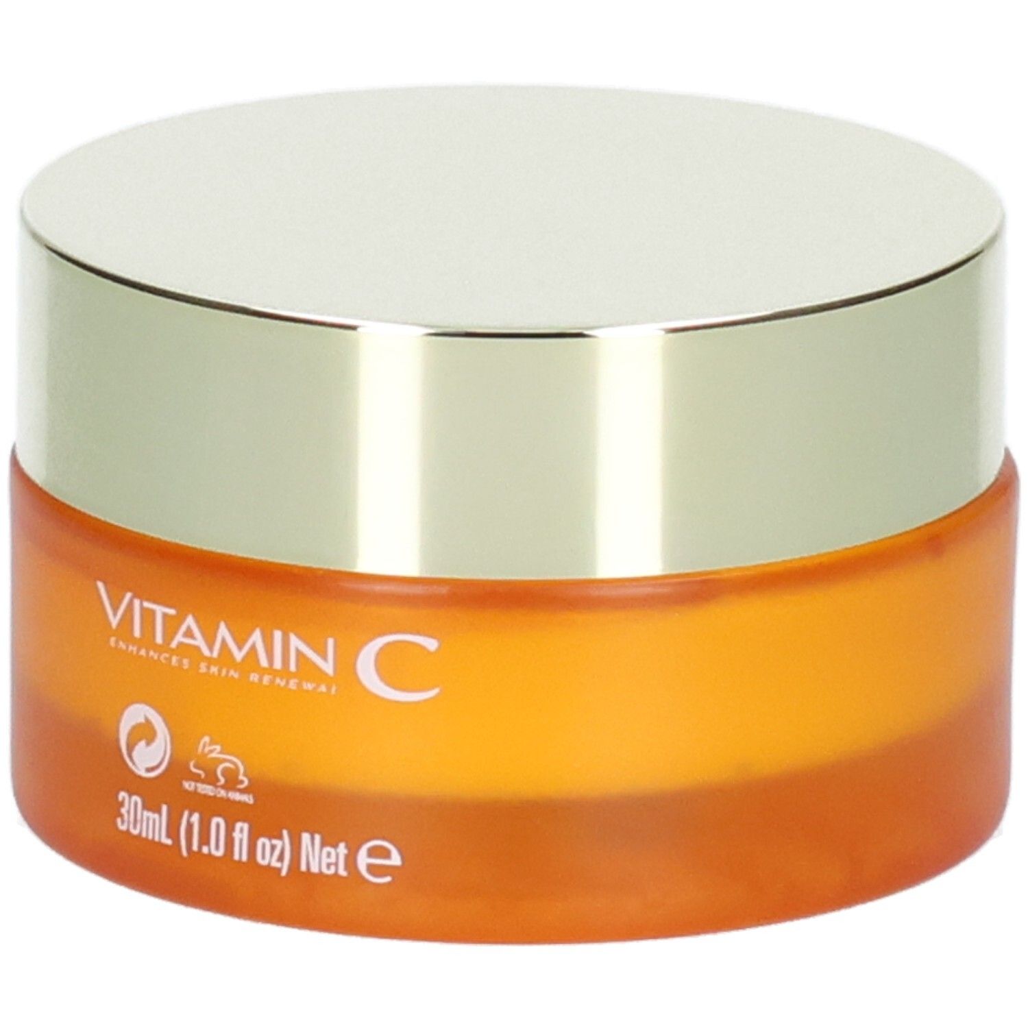 Oranje pot met zilverkleurig deksel, met opdruk "VITAMIN C ENHANCES SKIN RENEWAL" en "30ml".