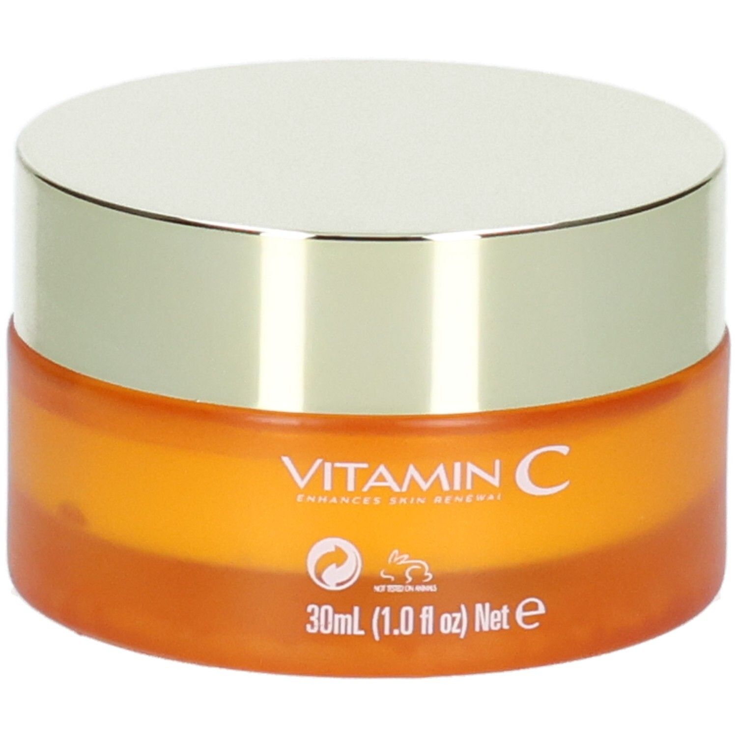 Oranje pot met zilverkleurig deksel, met opdruk "VITAMIN C ENHANCES SKIN RENEWAL" en "30ml".