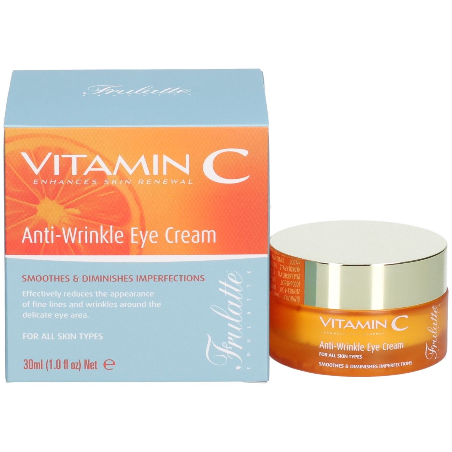 Oranje pot met zilverkleurig deksel naast een blauwe doos, "VITAMIN C Anti-Wrinkle Eye Cream" op beide.