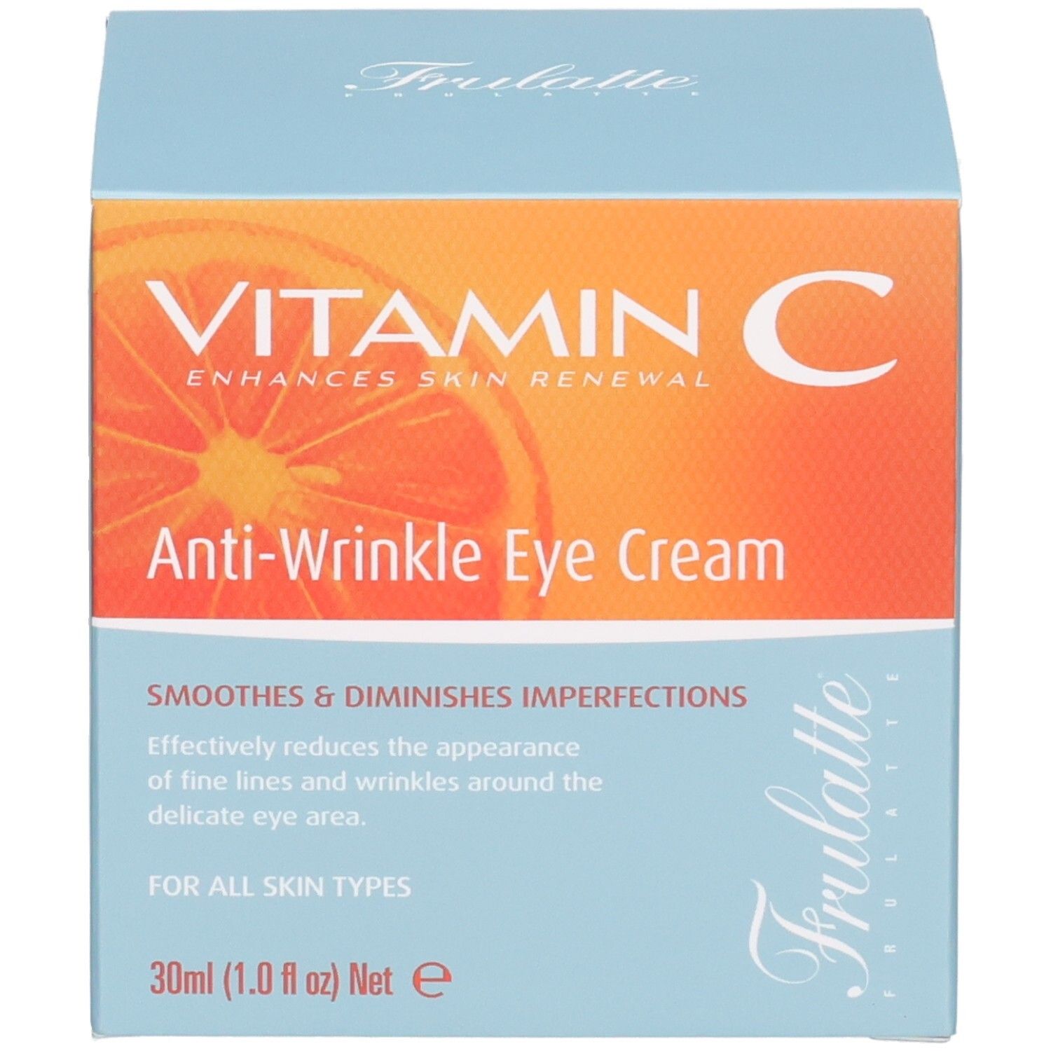 Blauwe doos met sinaasappelmotief, met opdruk "VITAMIN C Anti-Wrinkle Eye Cream" en "30ml".