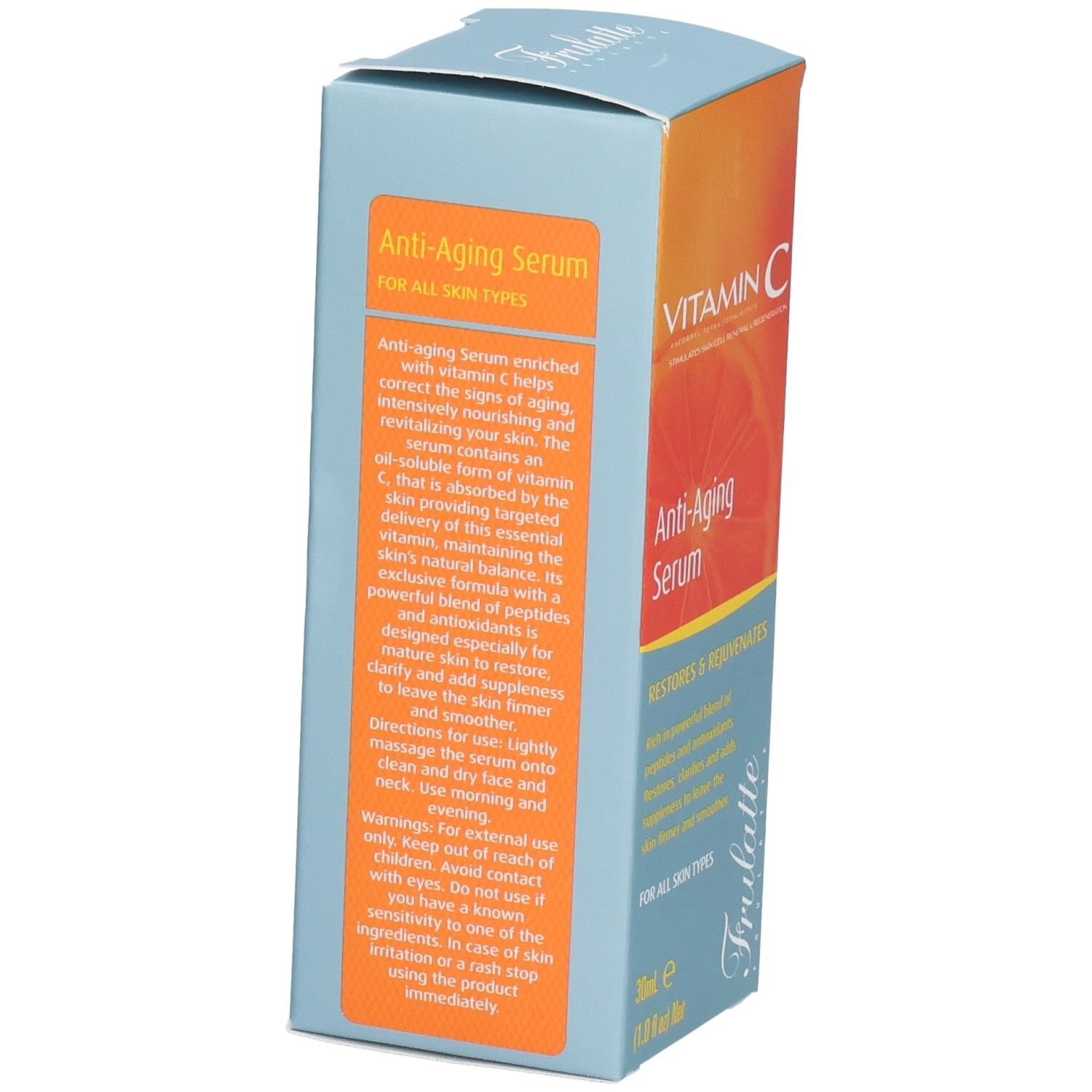 Achterkant van de verpakking voor anti-aging serum met vitamine C, met gebruiksinstructies.