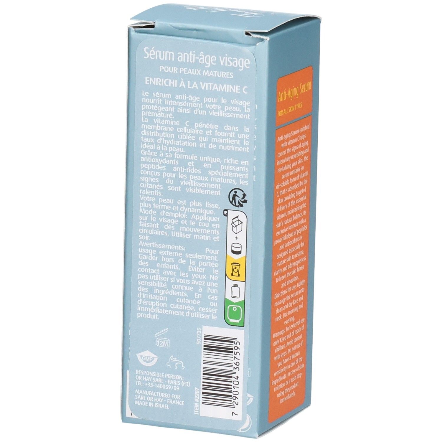 Zijaanzicht van de verpakking voor anti-aging serum met vitamine C, met ingrediënten en barcode.