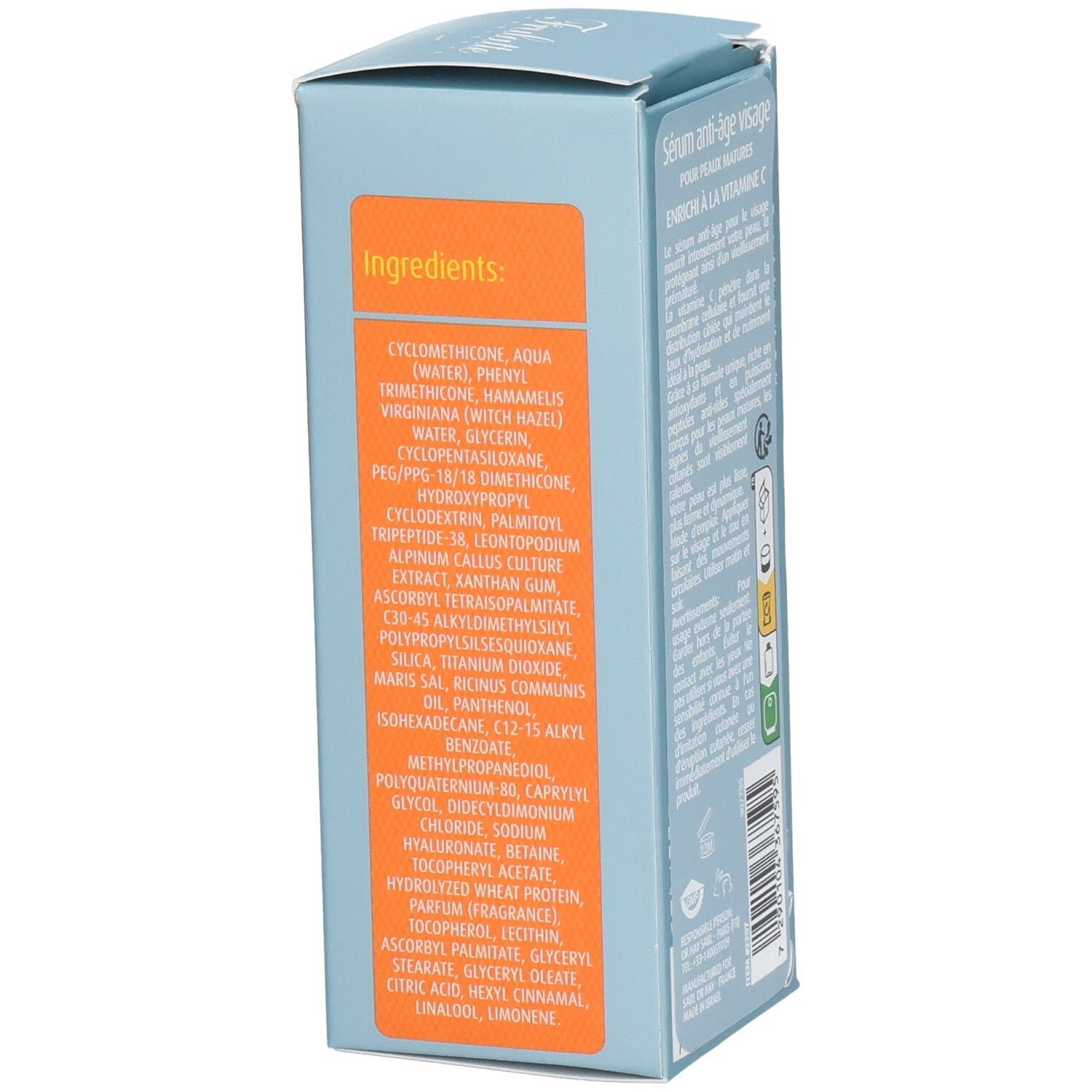 Ingrediëntenlijst op de verpakking voor anti-aging serum met vitamine C.