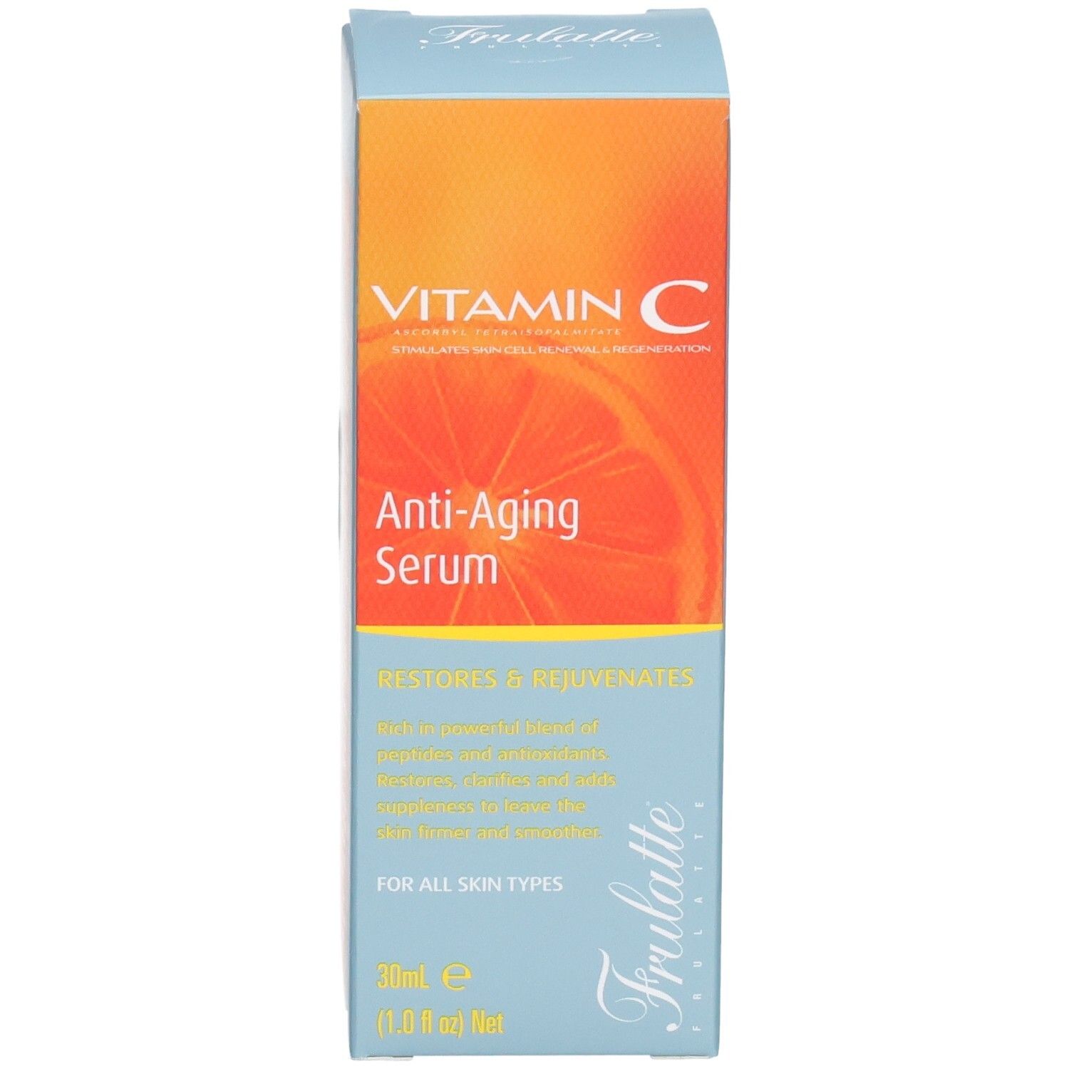 Verpakking voor anti-aging serum met vitamine C, 30ml, met sinaasappelmotief.