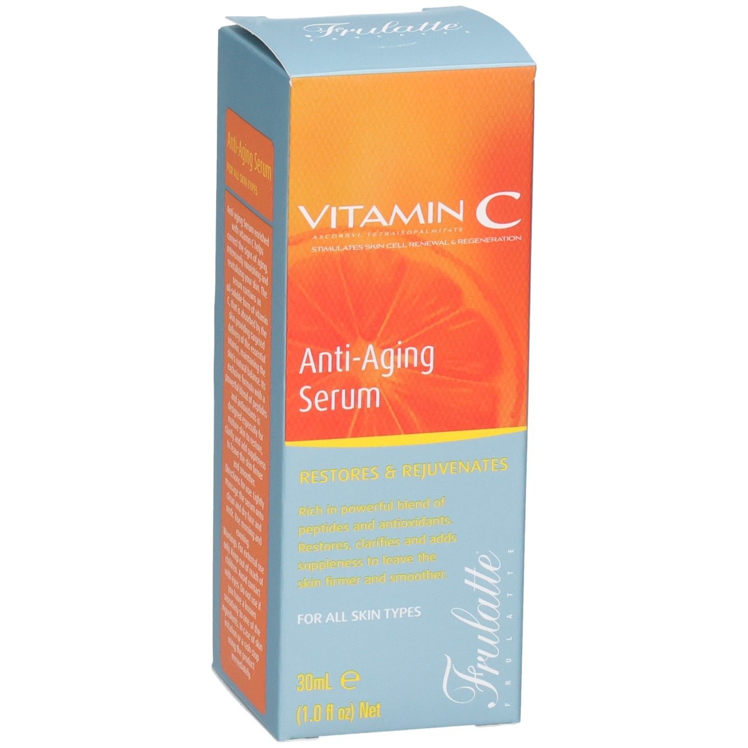 Voorkant van de verpakking voor anti-aging serum met vitamine C, 30ml.