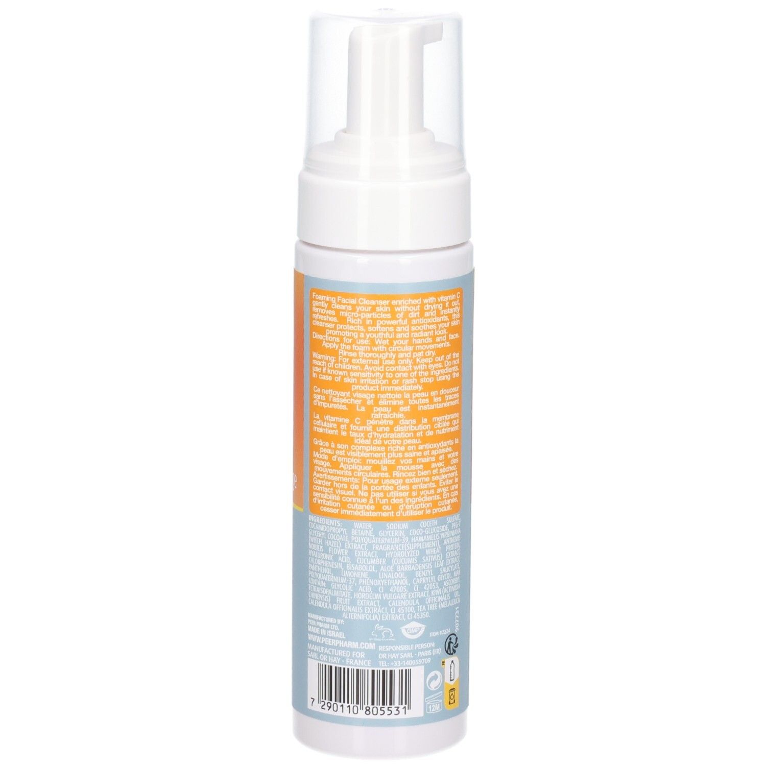 Fles met pompdos, achterkant met tekst en barcode. Bevat 2-in-1 schuimende gezichtsreiniger.