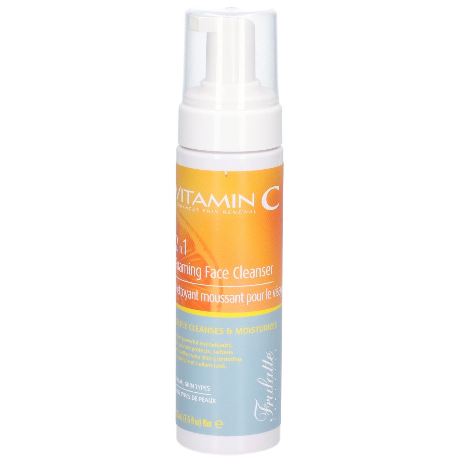 Fles met pompdos, voorkant met etiket: Vitamine C, 2-in-1 schuimende gezichtsreiniger.