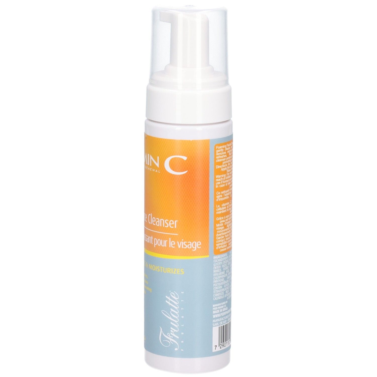Fles met pompdos, voorkant met etiket: Vitamine C, 2-in-1 schuimende gezichtsreiniger.