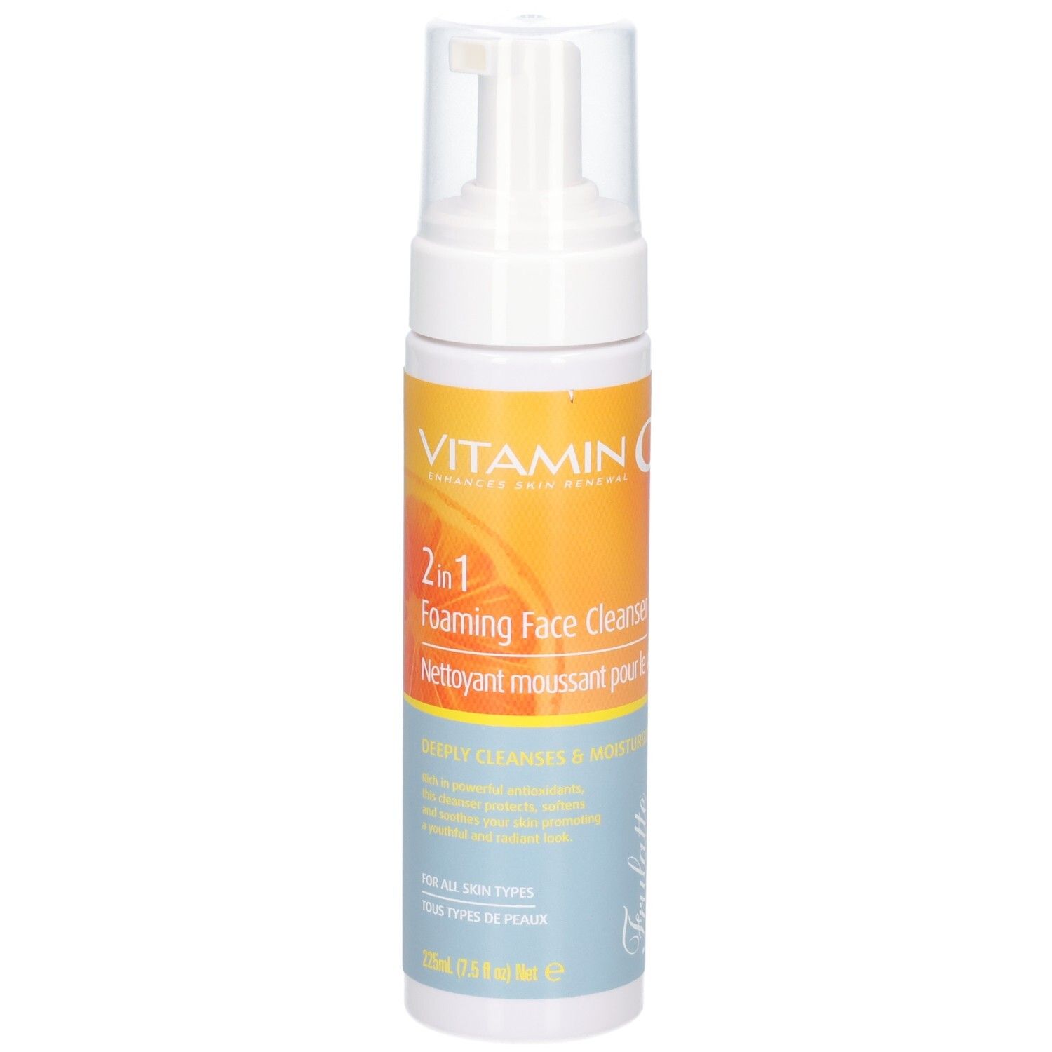 Fles met pompdos, voorkant met etiket: Vitamine C, 2-in-1 schuimende gezichtsreiniger, 125ml.