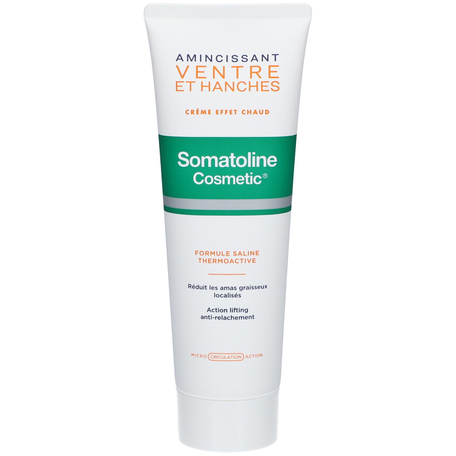 Witte en groene crèmetube. Opschriften: Amincissant Ventre et Hanches, Crème Effet Chaud, Somatoline Cosmetic. Formule saline thermoactive.