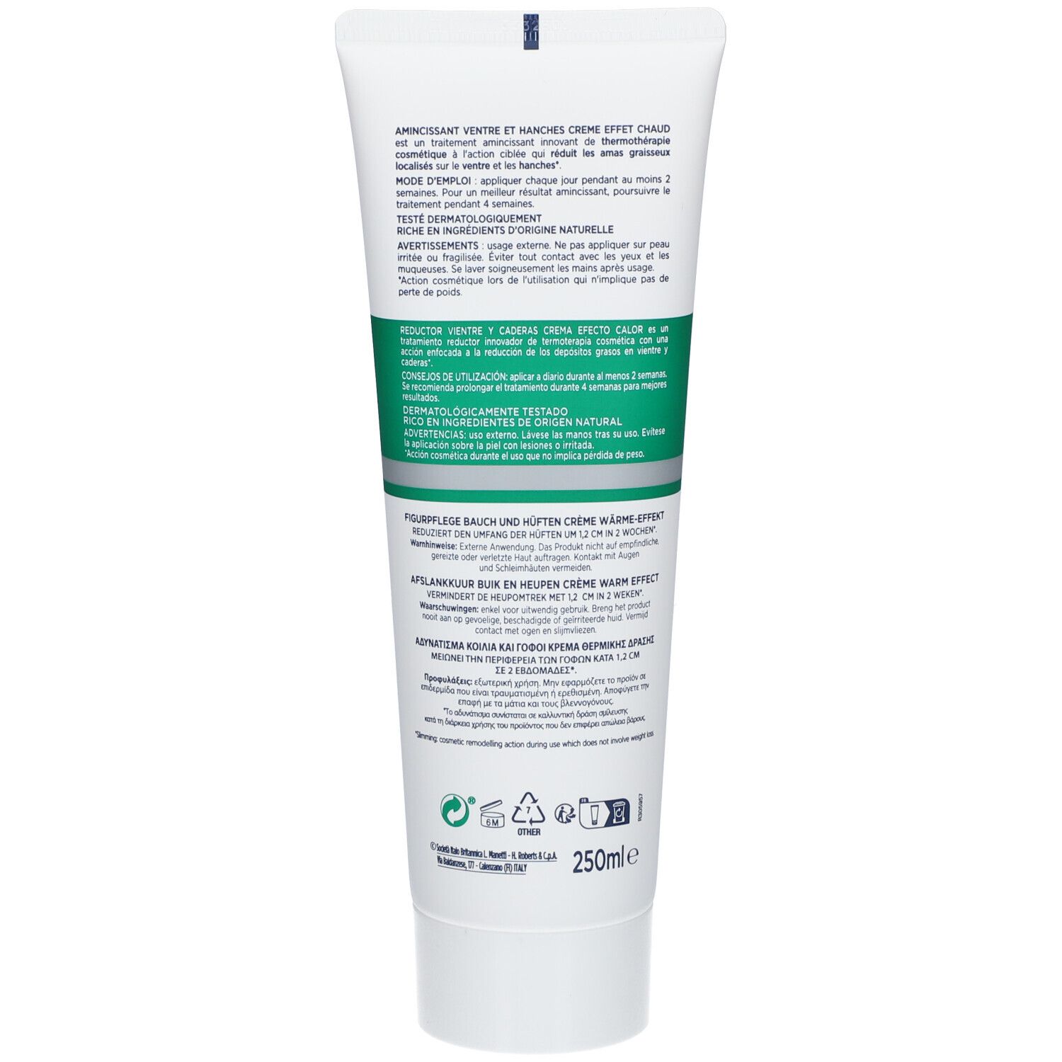 Achterkant van de crèmetube. Meertalige tekst. Productnaam: Somatoline Cosmetic. Ingrediënten en waarschuwingen.