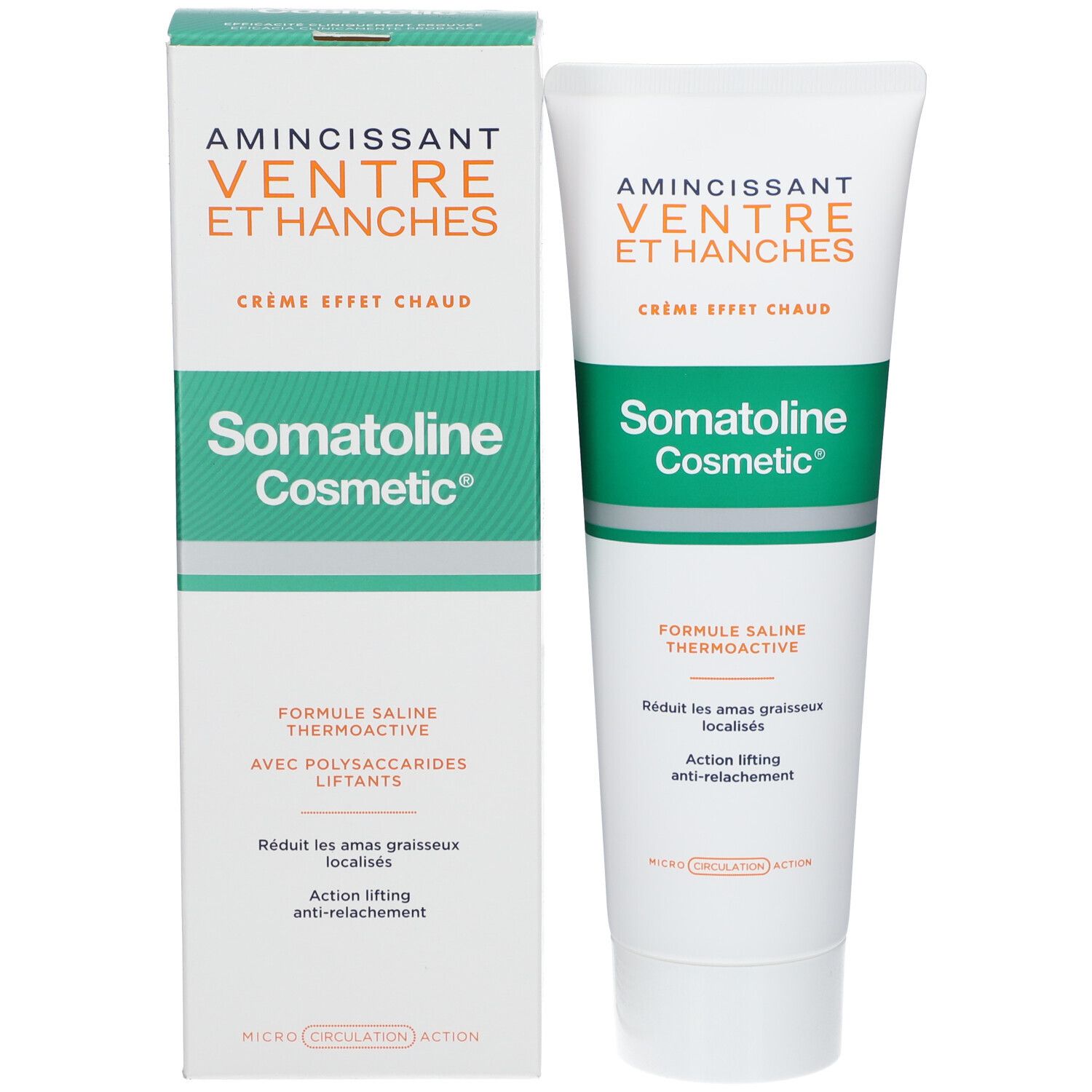 Product en verpakking naast elkaar. Groen-wit ontwerp. Tekst: Amincissant Ventre et Hanches, Crème Effet Chaud, Somatoline Cosmetic.