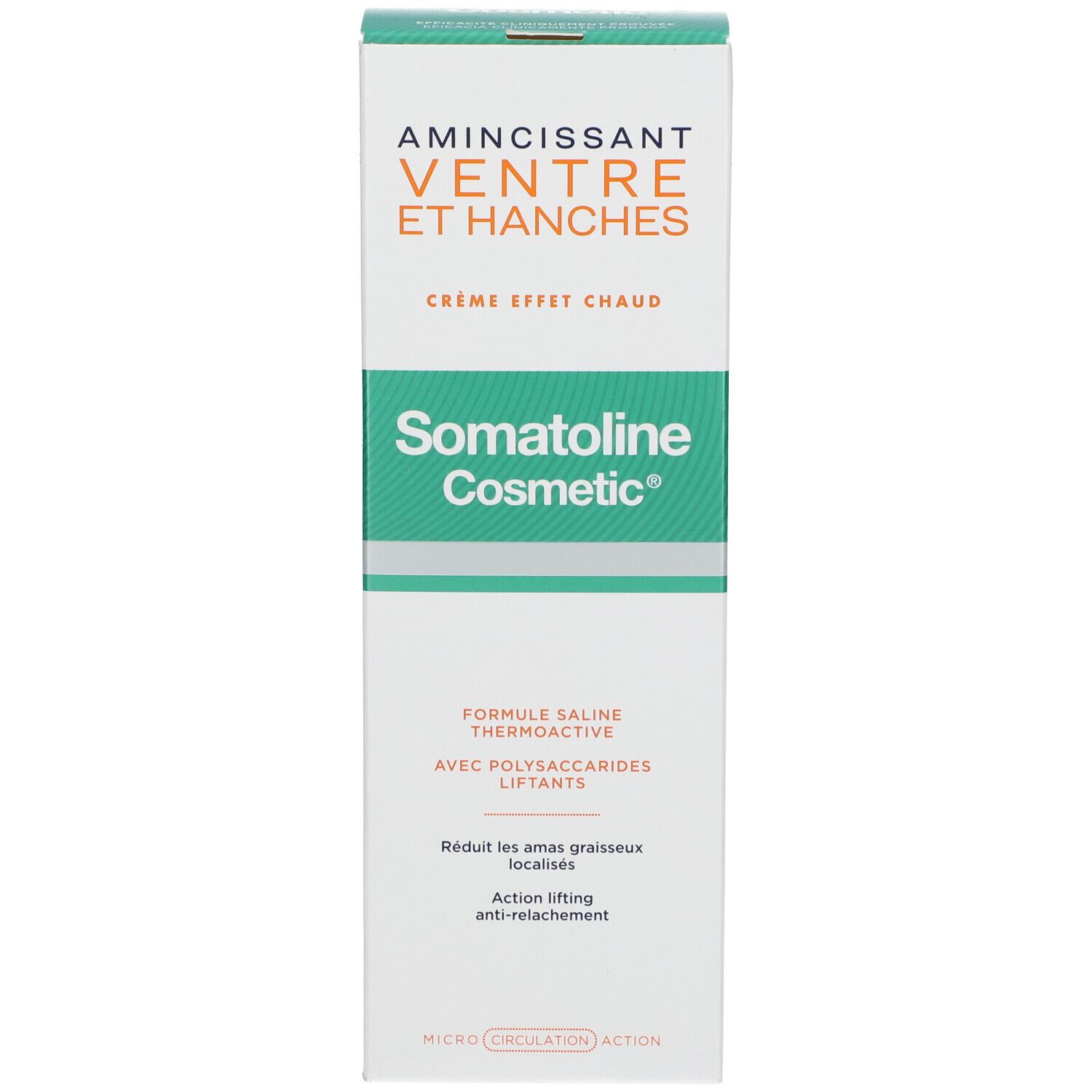 Verpakking met productnaam en opschrift. Groen-wit ontwerp. Tekst: Amincissant Ventre et Hanches, Crème Effet Chaud, Somatoline Cosmetic.
