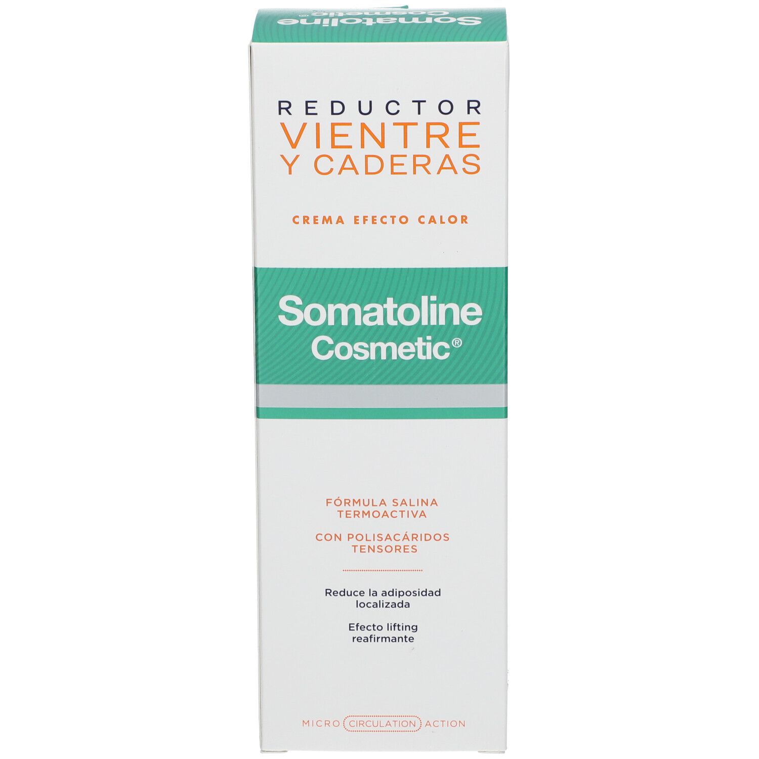 Verpakking met productnaam en opschrift. Groen-wit ontwerp. Tekst: Reductor Vientre y Caderas, Crema Efecto Calor, Somatoline Cosmetic.