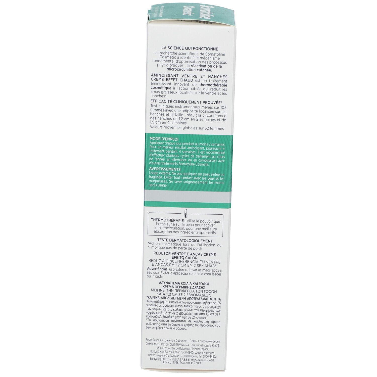 Achterkant van de verpakking. Meertalige tekst. Productnaam: Somatoline Cosmetic. Ingrediënten en waarschuwingen.