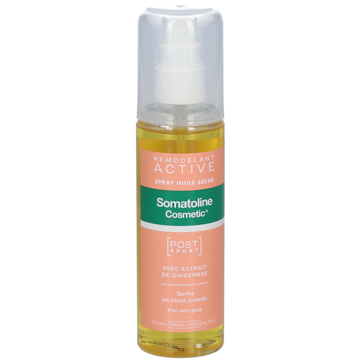Flacon spray d'huile sèche. Bouchon et pulvérisateur transparents. Étiquette avec texte: Somatoline Cosmetic, Aktiv.