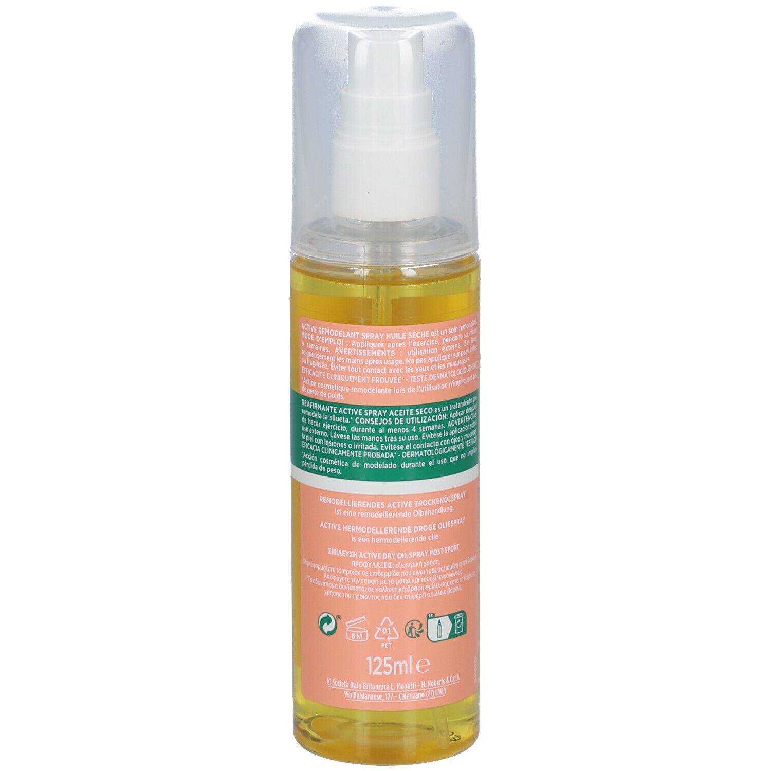 Dos du flacon spray. Étiquette avec texte et informations. Bouchon et pulvérisateur transparents.
