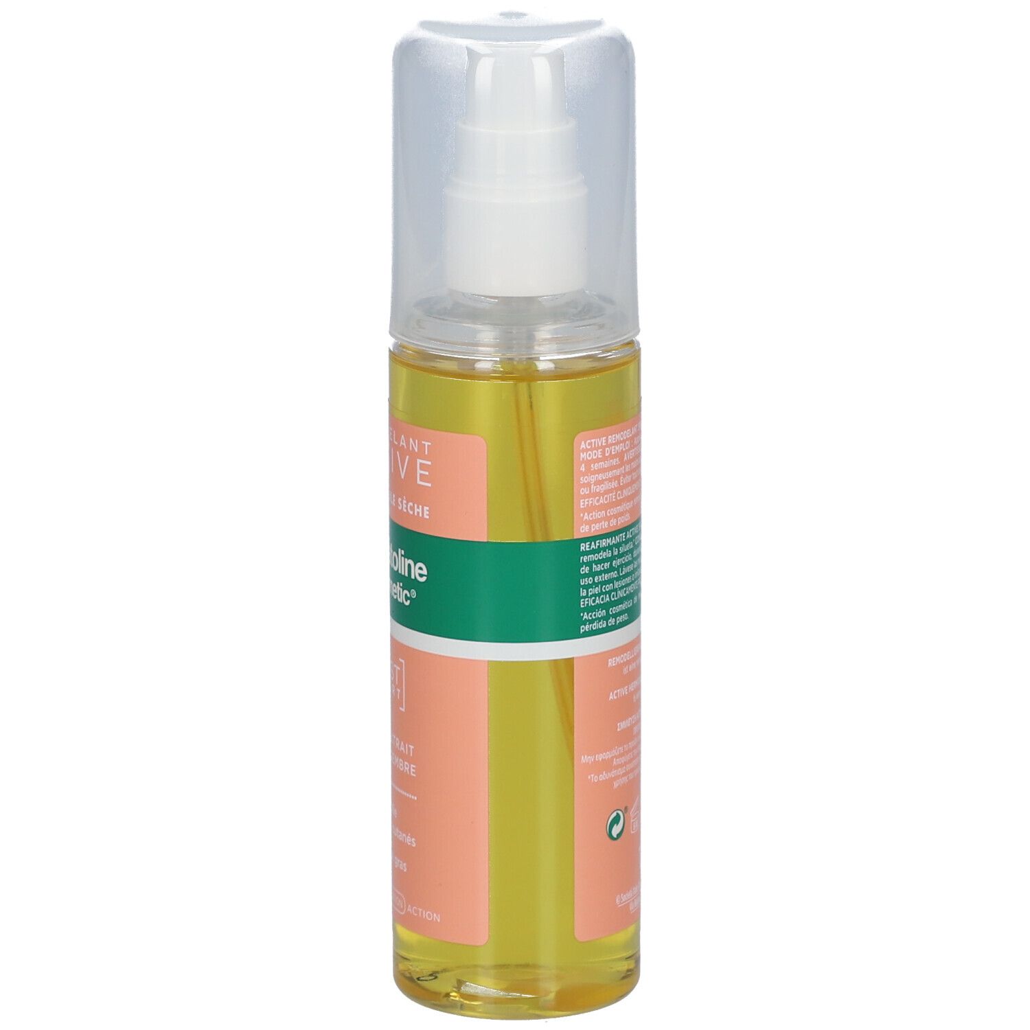 Dos du flacon spray. Étiquette avec texte et informations. Bouchon et pulvérisateur transparents.