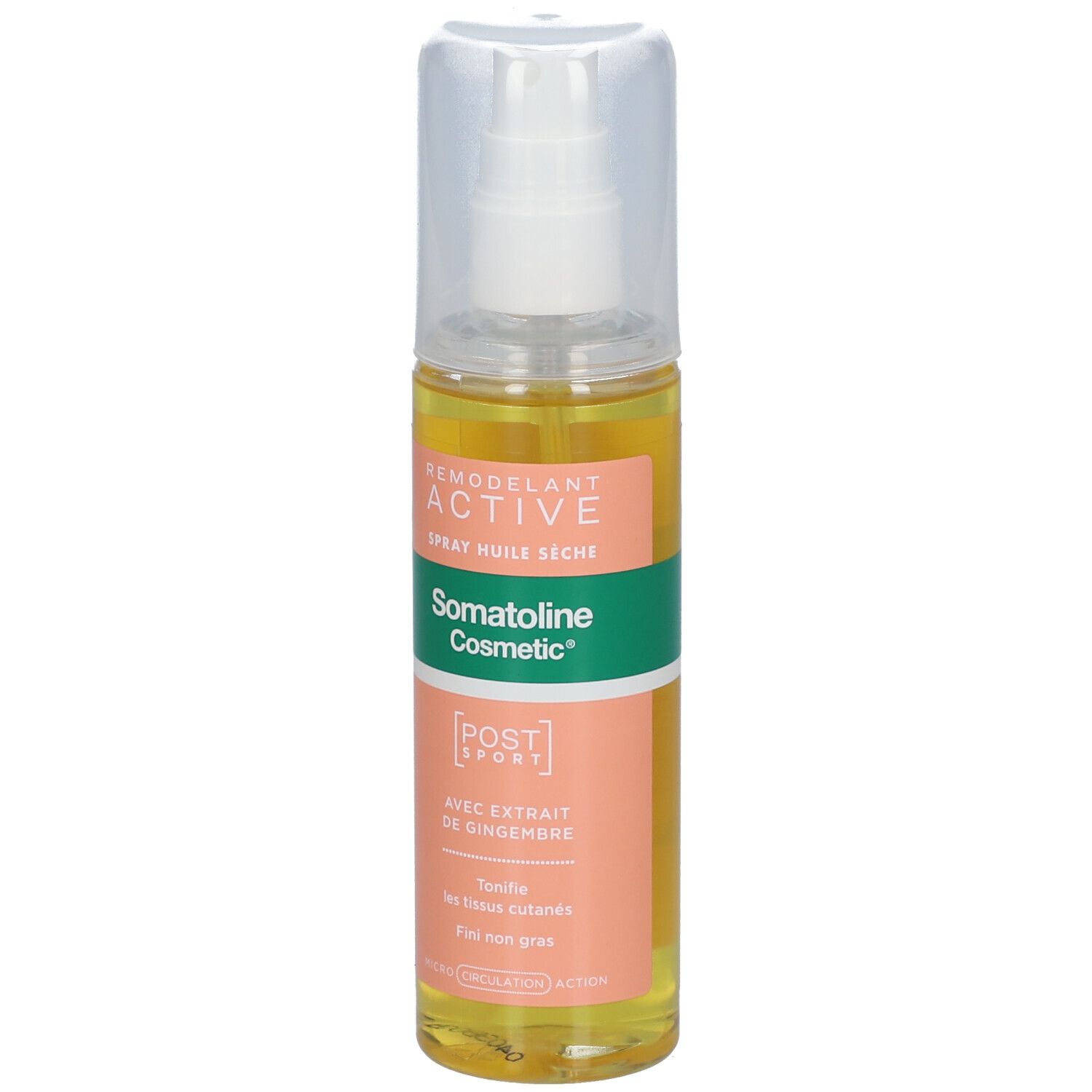 Flacon spray d'huile sèche. Bouchon et pulvérisateur transparents. Étiquette avec texte: Somatoline Cosmetic, Aktiv.