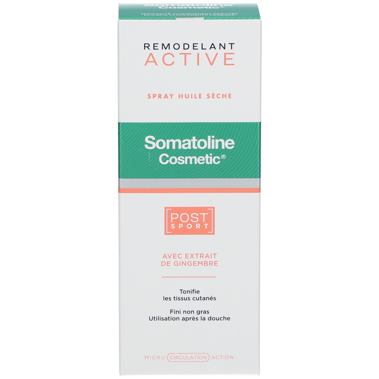 Emballage du produit avec texte: Somatoline Cosmetic, Aktiv. Design vert et blanc. Sans flacon spray.