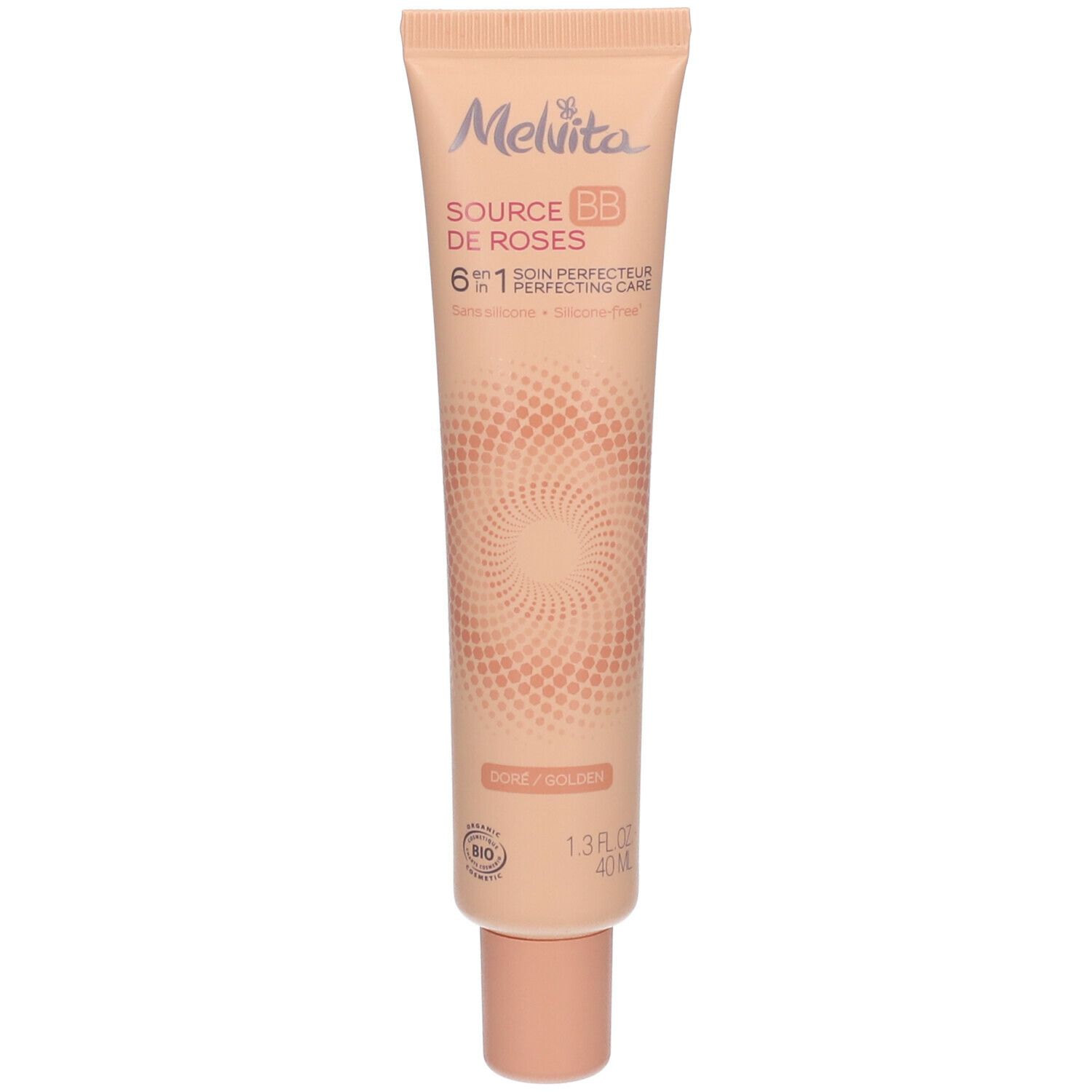 Beige tube met Melvita Source de Roses BB. Gouden tint. Bio-certificering. 1.3 fl oz.