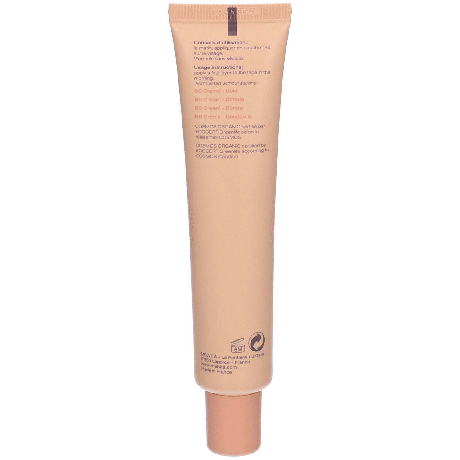 Achterkant van de tube. Tekst: gebruiksaanwijzing, BB Cream, ingrediënten, COSMOS ORGANIC certificering.