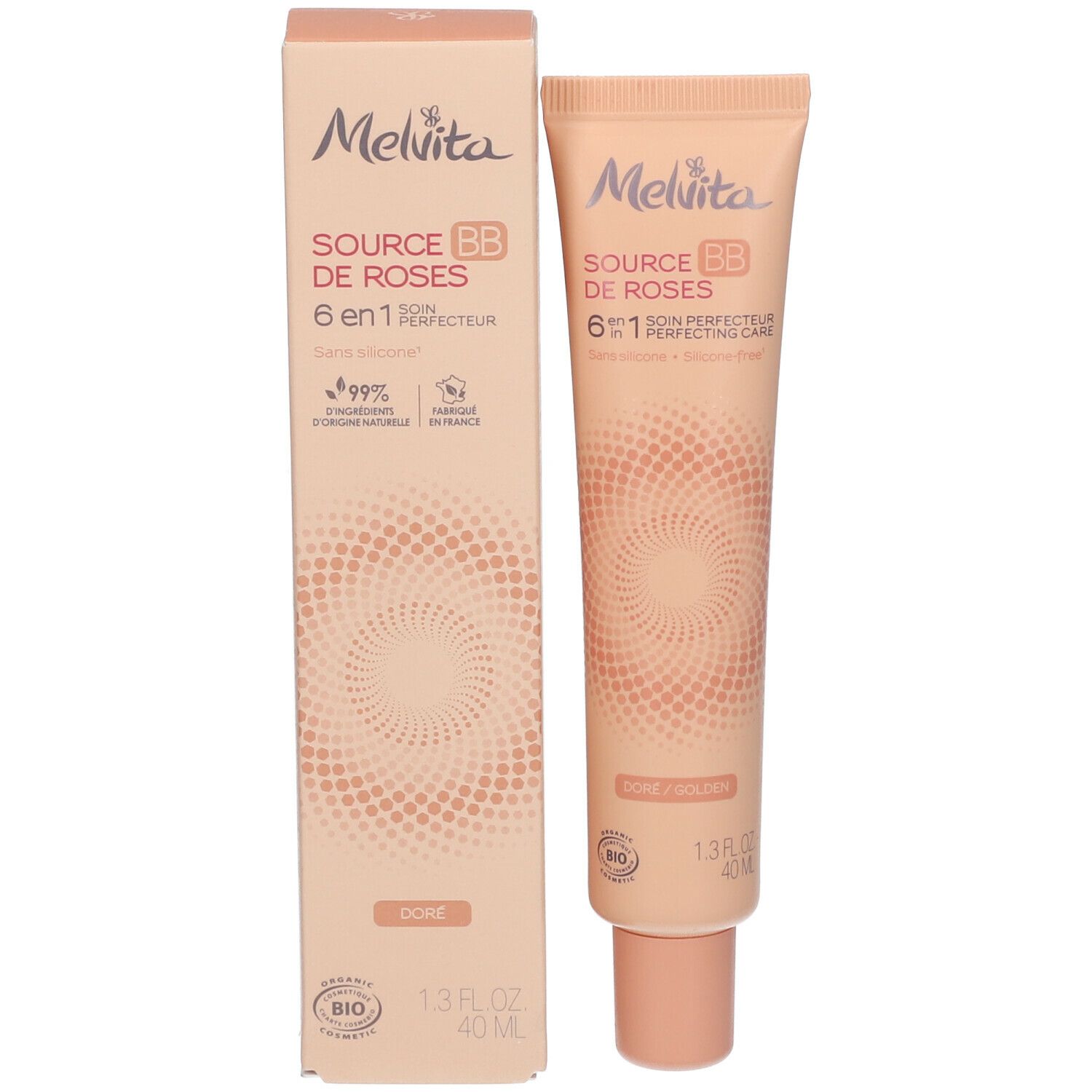 Product en verpakking. Melvita Source de Roses BB Cream. Gouden tint. Bio-certificering. 1.3 fl oz.