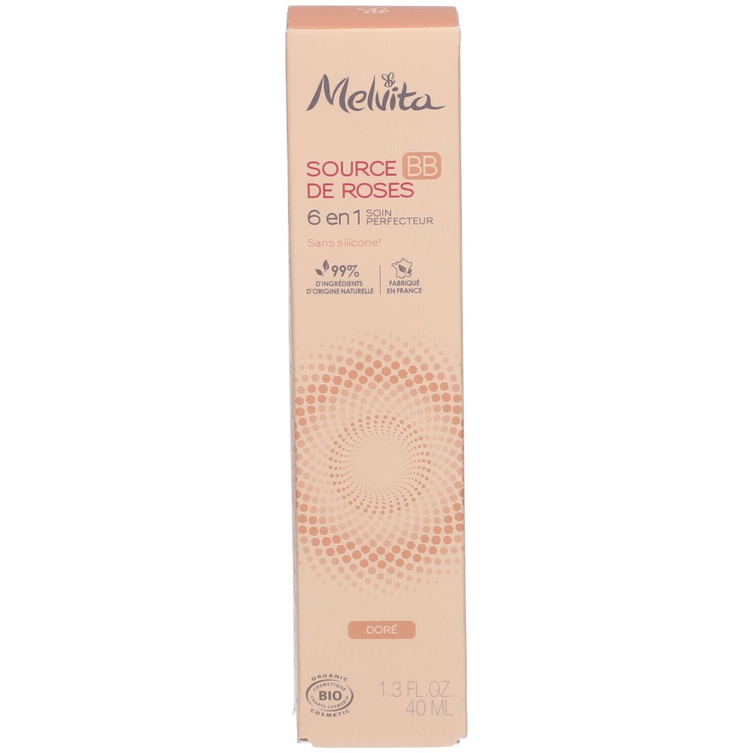 Verpakking. Melvita Source de Roses BB Cream. Gouden tint. Bio-certificering. 1.3 fl oz. Tekst: Dore.