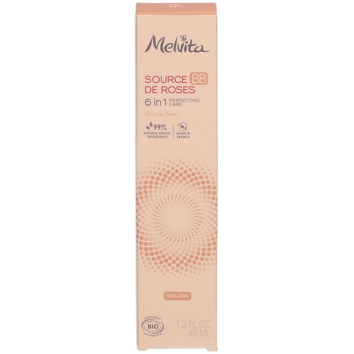 Verpakking. Melvita Source de Roses BB Cream. Gouden tint. Bio-certificering. 1.3 fl oz. Tekst: Golden.