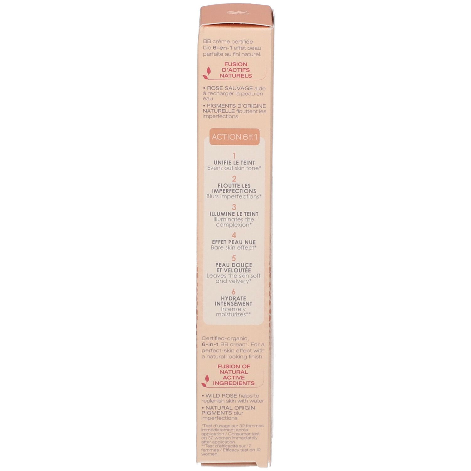 Achterkant van de verpakking. Tekst: BB Cream, ingrediënten, 6-in-1 werking, certificeringen.