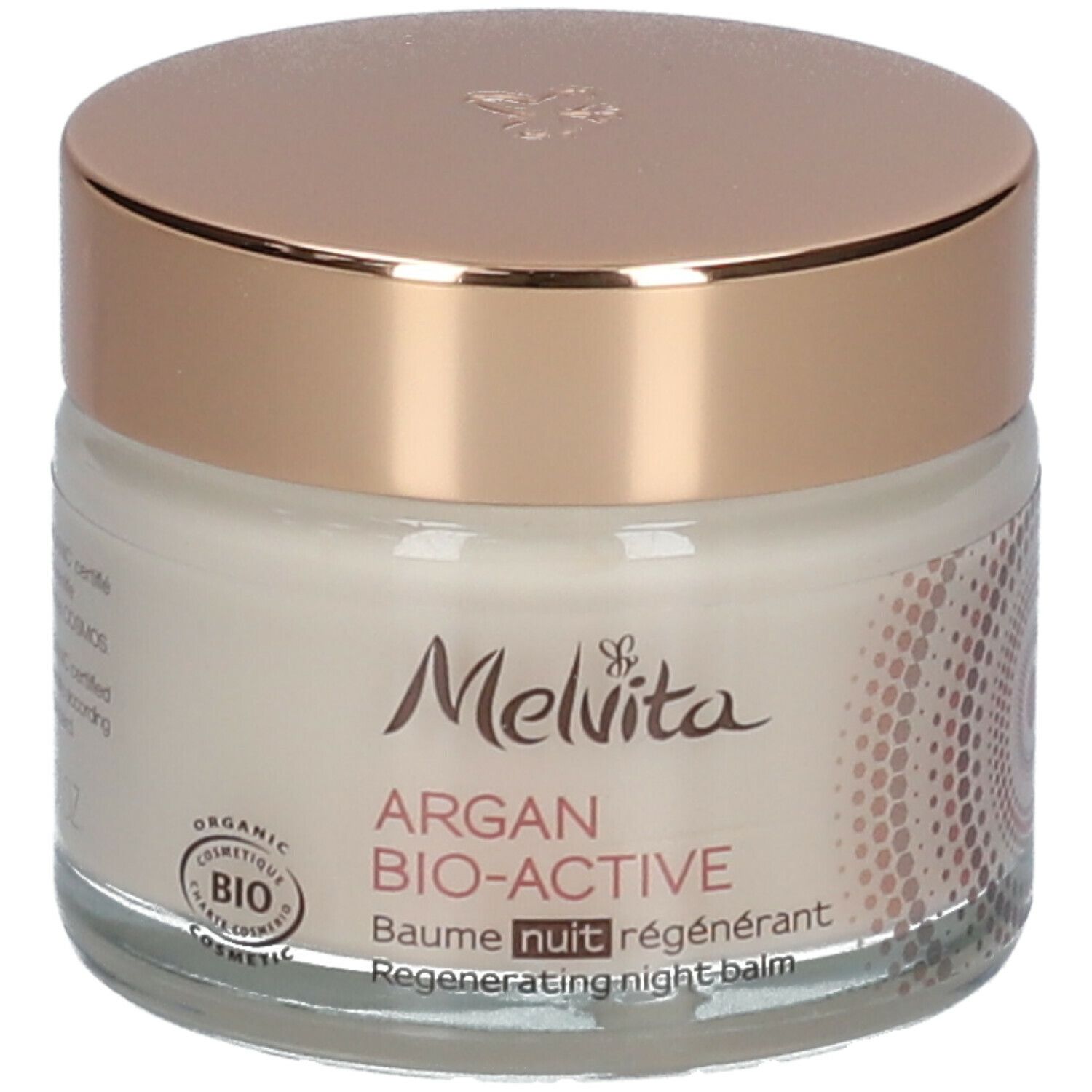Crèmepot met gouden deksel. Opschrift: Melvita Argan Bio-Active Baume nuit régénérant. Bio-certificering.