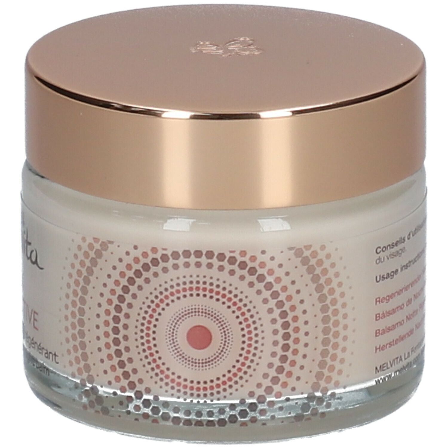 Crèmepot met gouden deksel. Patroon van cirkels op de zijkant. Tekst: Melvita Argan Bio-Active.