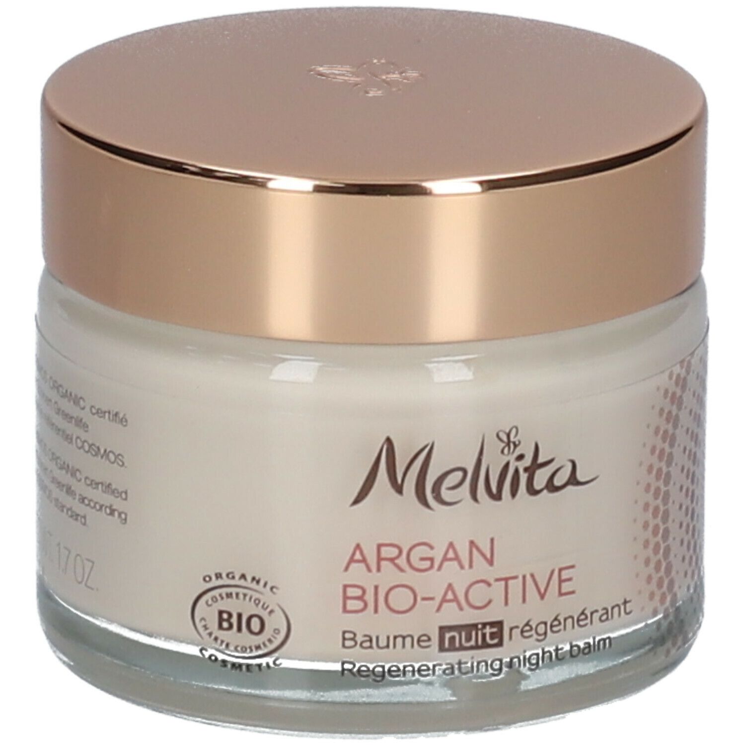 Crèmepot met gouden deksel. Opschrift: Melvita Argan Bio-Active Baume nuit régénérant. Bio-certificering.