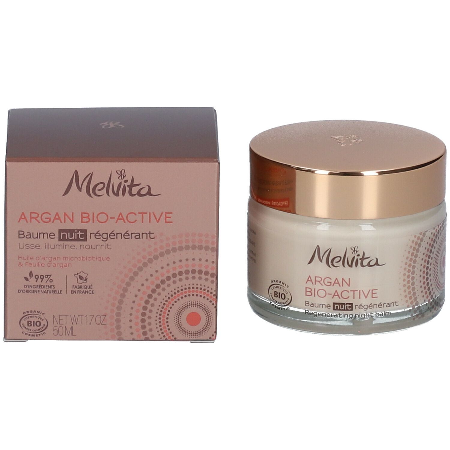 Productverpakking en crèmepot. Verpakking: Melvita Argan Bio-Active Baume nuit régénérant. Bio-certificering.