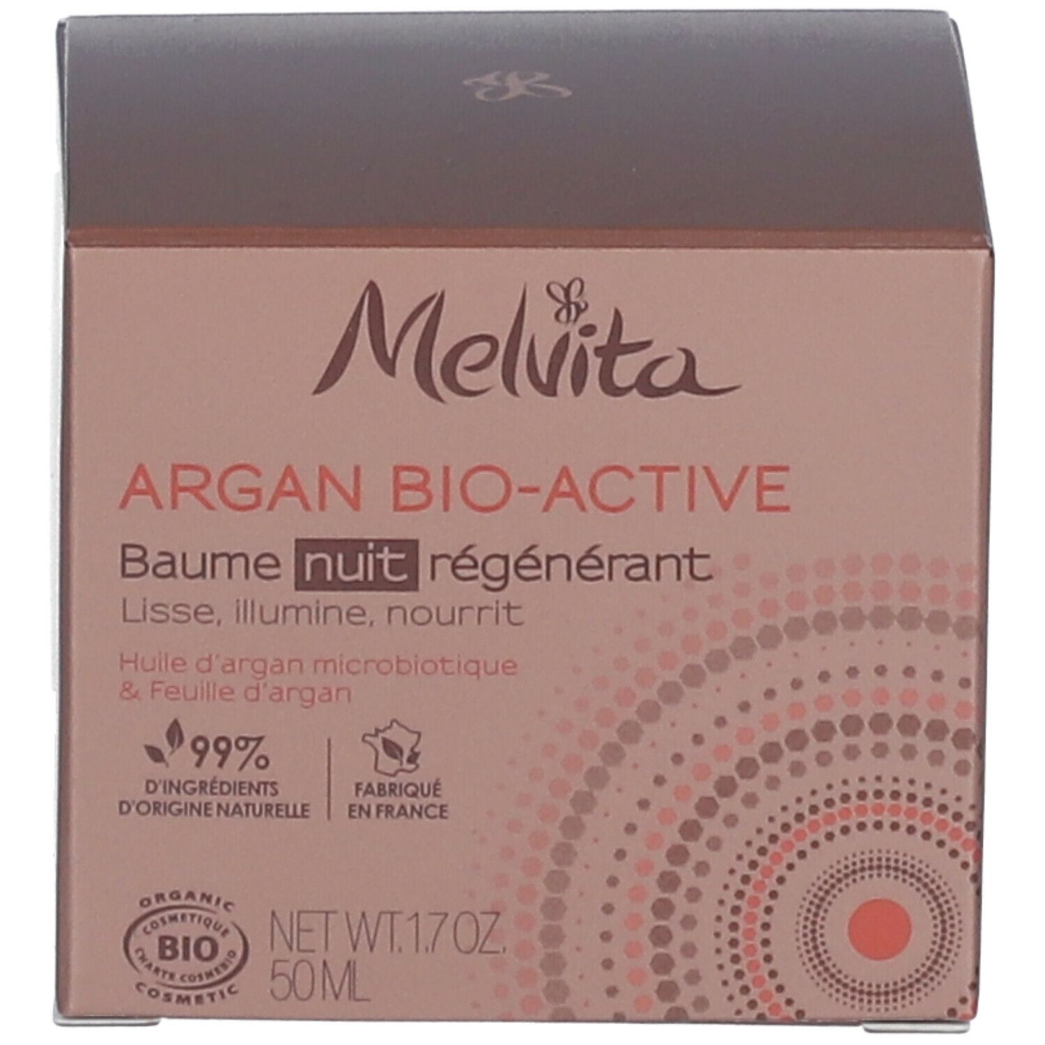 Productverpakking. Opschrift: Melvita Argan Bio-Active Baume nuit régénérant. 99% ingrediënten van natuurlijke oorsprong.