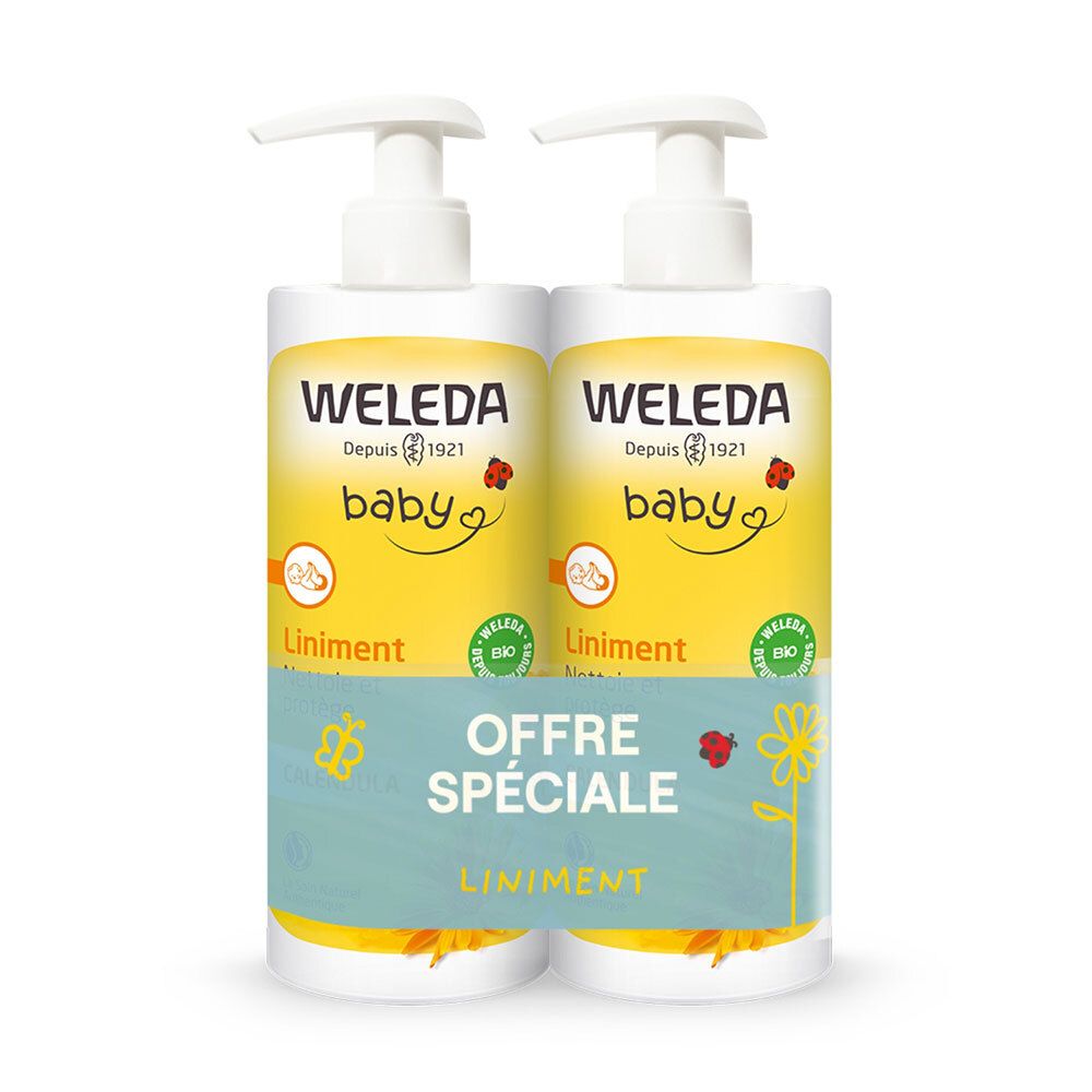 Twee flessen WELEDA Baby Liniment met pomp. Opschrift: Baby, Liniment, Bio. Speciale aanbiedingsverpakking.