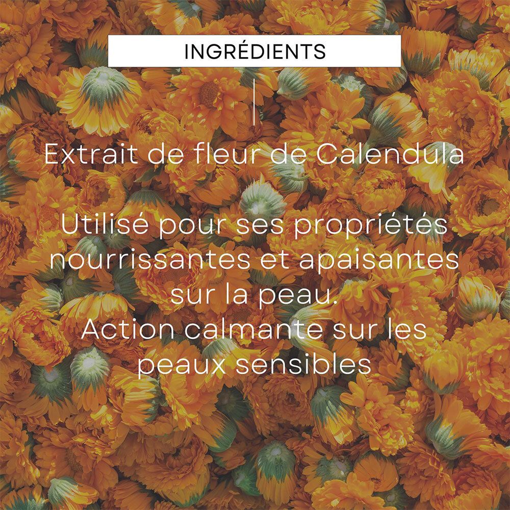 Tekst over ingrediënten. Extract van Calendula bloem. Voor voedende en verzachtende eigenschappen.