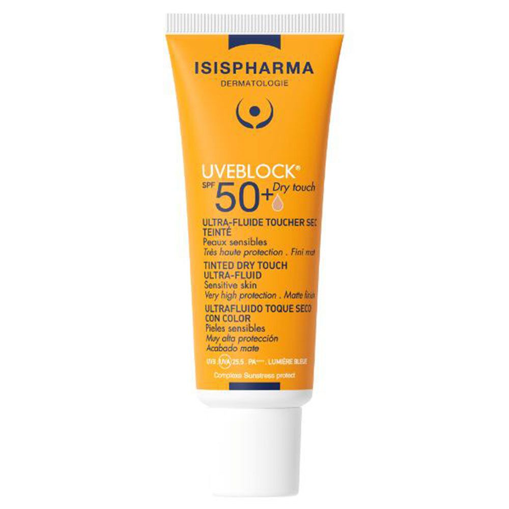 Gele tube ISISPHARMA Uveblock SPF 50+ Dry Touch. Meertalige tekst. Witte dop.