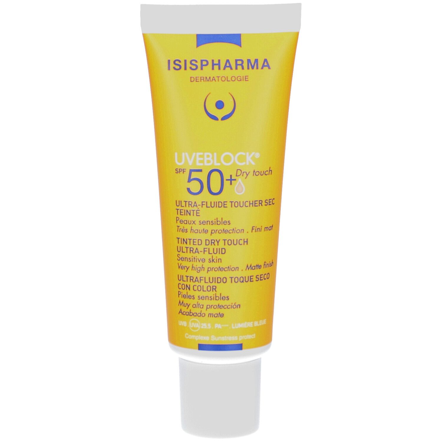 Gele tube ISISPHARMA Uveblock SPF 50+ Dry Touch. Meertalige tekst. Witte dop.