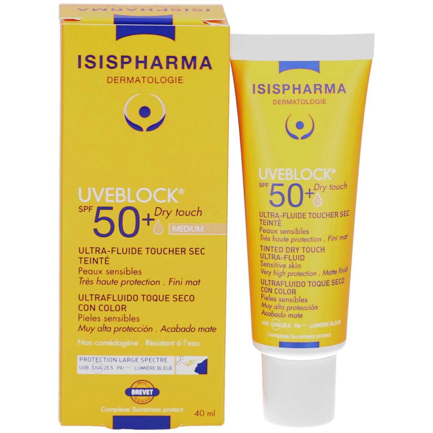 Productverpakking: doos en tube ISISPHARMA Uveblock SPF 50+ Dry Touch Medium. Geel.