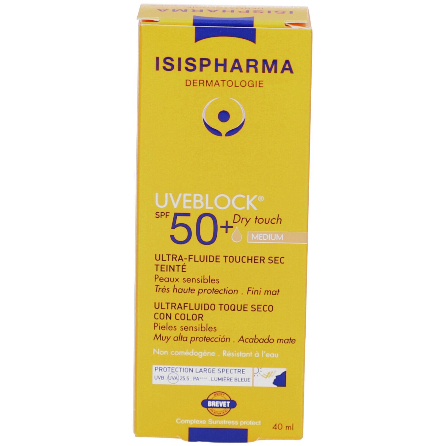 Productverpakking: doos ISISPHARMA Uveblock SPF 50+ Dry Touch Medium. Geel. Tekst.