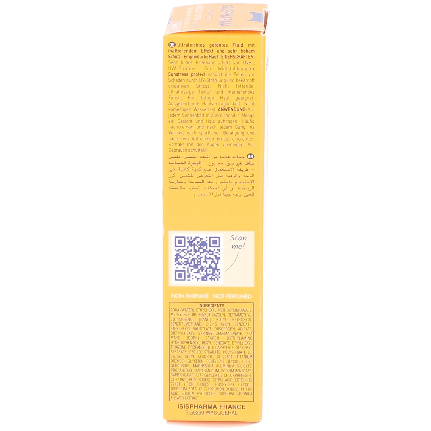 Achterkant van de productverpakking. Meertalige tekst. Ingrediënten en QR-code.