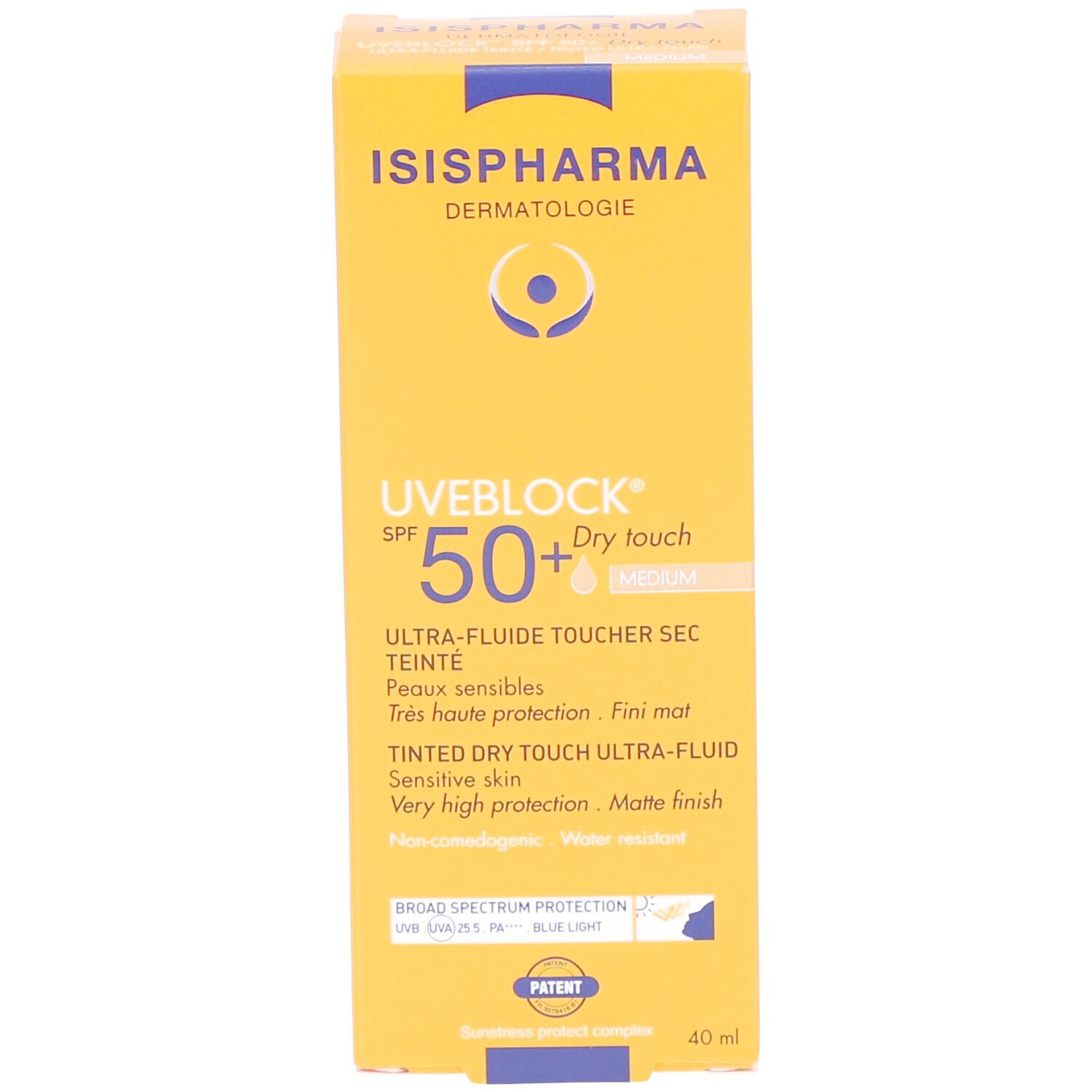 Productverpakking: doos ISISPHARMA Uveblock SPF 50+ Dry Touch Medium. Geel. Tekst.