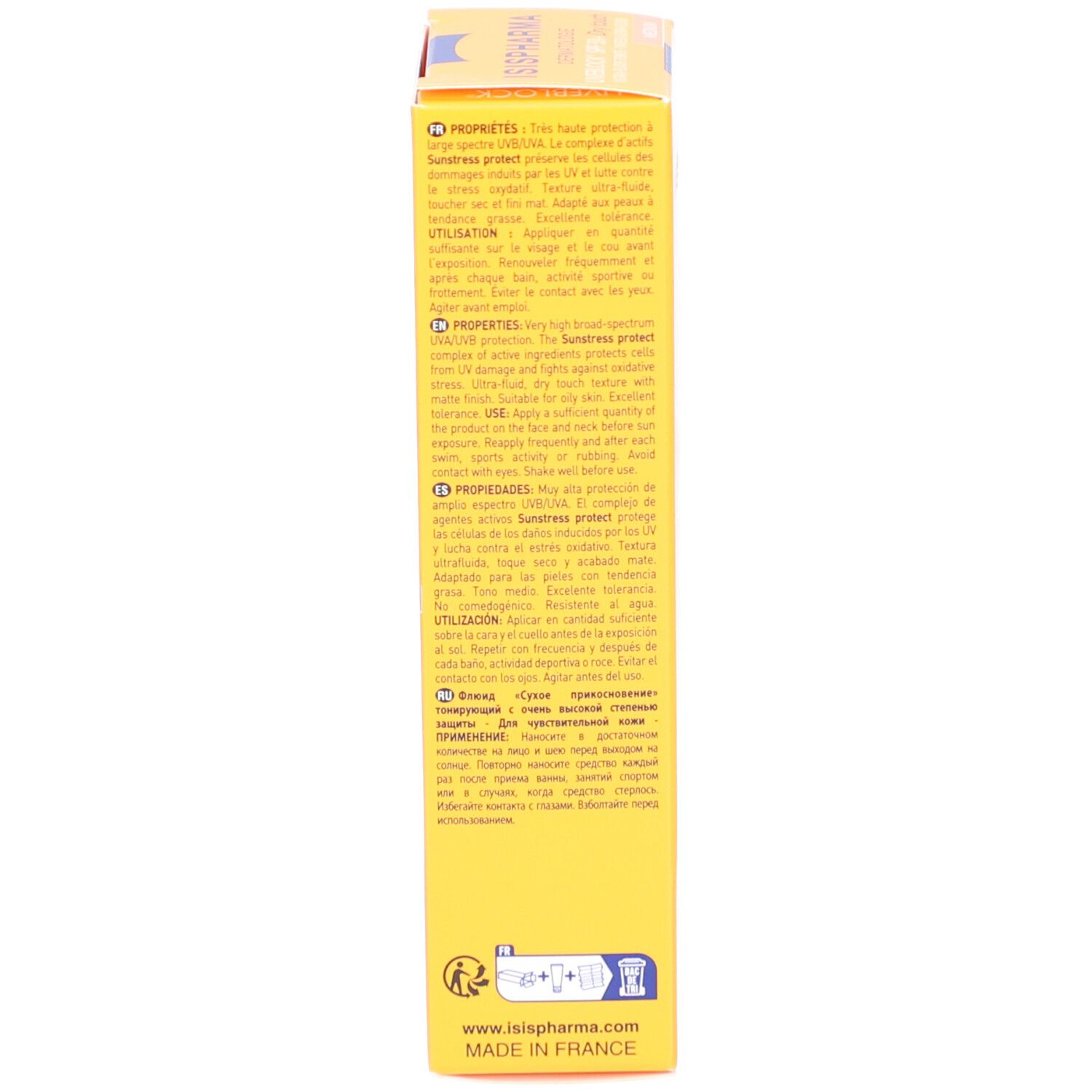 Achterkant van de productverpakking. Meertalige tekst. Fabrikantinformatie.